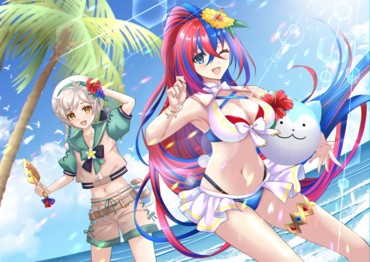 1boy 1girls alear_(female)_(fire_emblem) alear_(female)_(seaside_dragon)_(fire_emblem) alear_(fire_emblem) alternate_costume alternate_hairstyle beach bikini blue_bikini blue_eyes blue_hair blue_swimsuit braid breasts character_ball clanne_(fire_emblem) clanne_(summer)_(fire_emblem) cleavage criss-cross_halter crossed_bangs female fire_emblem fire_emblem_engage fire_emblem_heroes flower hair_ornament halterneck heterochromia kakiko210 large_breasts long_hair male multicolored_bikini multicolored_clothes multicolored_hair multicolored_swimsuit navel nintendo ocean official_alternate_costume official_alternate_hairstyle ponytail red_bikini red_eyes red_hair red_swimsuit single_braid sommie_(fire_emblem) split-color_hair swimsuit two-tone_hair very_long_hair white_bikini white_swimsuit