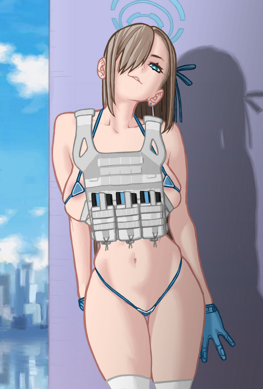 asuna_(blue_archive) asuna_(bunny)_(blue_archive) blonde_hair blue_archive blue_eyes bluesalm0n bulletproof_vest city city_background cityscape earrings female female_only gloves large_breasts micro_bikini