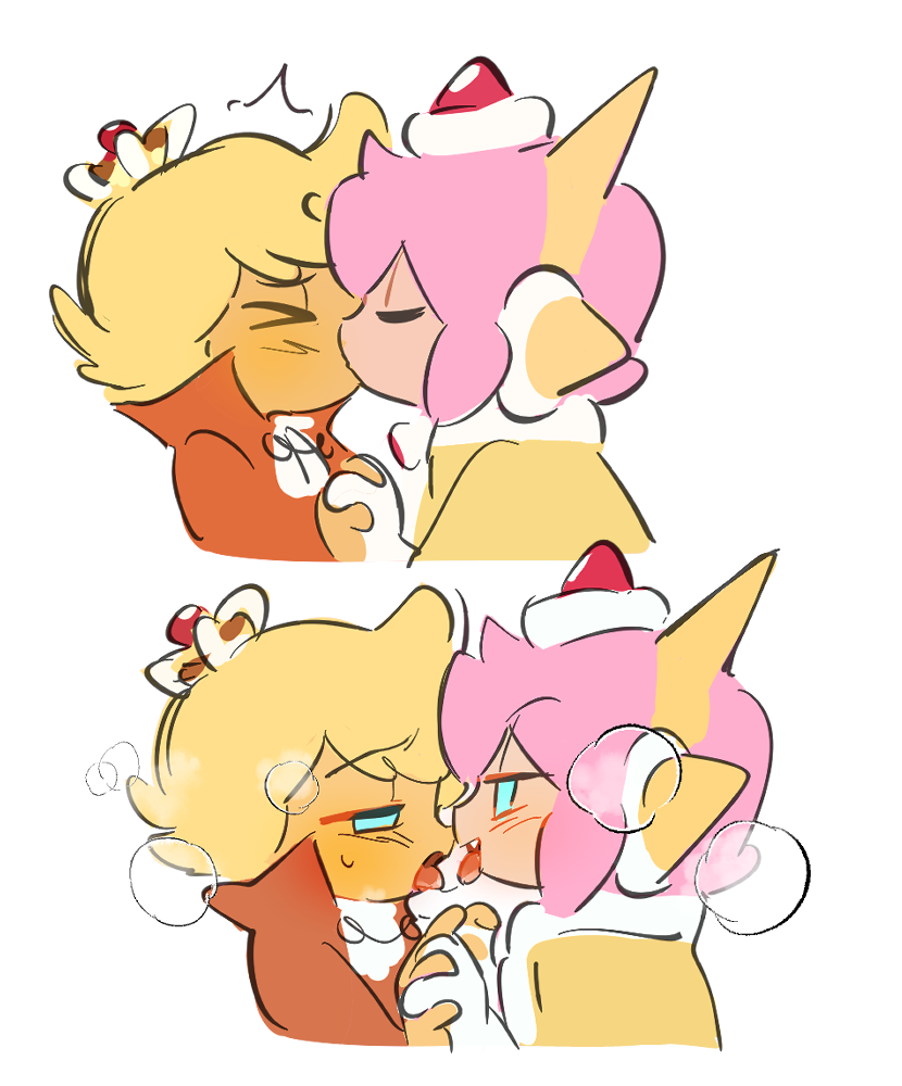 2boys blonde blonde_hair blonde_hair_male blue_eyes blushing blushing_at_partner blushing_male blushing_profusely cape cjay_black21 cookie_run cookie_run_kingdom crown custard_cookie_iii devsisters fang gay_kiss gay_kissing gays holding_hands kissing male male_only pink_hair prince saliva saliva_trail strawberry_crepe_cookie tagme tongue tongue_out