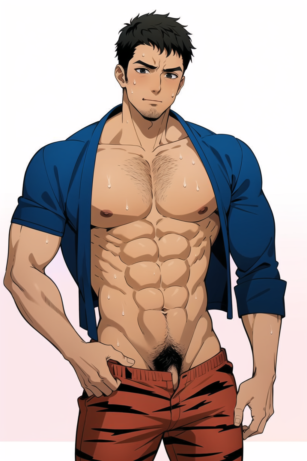 1boy ai_generated bara barely_visible_genitalia barely_visible_penis black_hair chest_hair facial_hair guido_mista jojo&#039;s_bizarre_adventure male male_only muscular_male pecs pectorals penis pubic_hair solo tiger_print vento_aureo