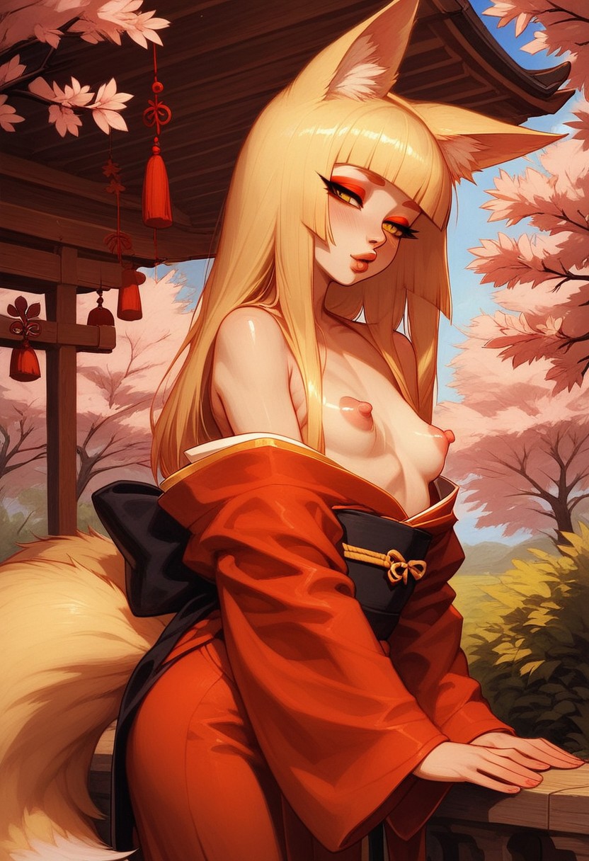 ai_eyes ai_generated animal_ears blonde_hair civitai czero2011 erect_nipples femboy femboysub fox_boy fox_ears fox_tail gold_eyes hime_cut hormone_breasts huge_nipples kimono kimono_open kitsune long_hair makeup obi original original_character outdoors pale-skinned_femboy pale-skinned_male pale_skin perky_breasts perky_nipples petite petite_body petite_breasts petite_male presenting_breasts railing red_eyeshadow red_kimono sakura_tree sissy small_breasts submissive_male tiny_breasts trap tree trees uncensored_breasts