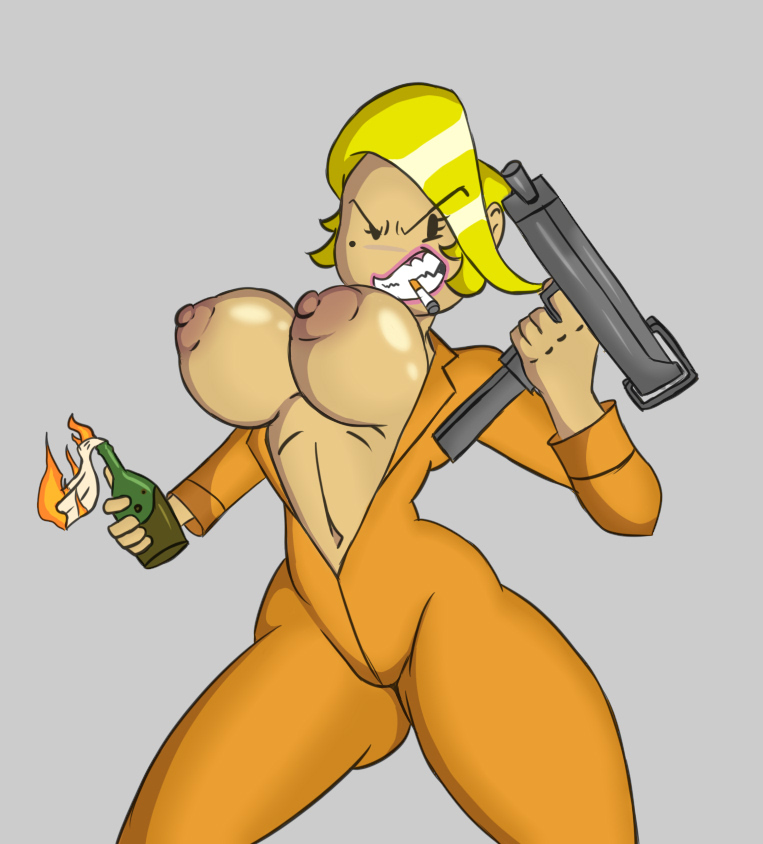 1girls 2023 angry blonde_hair breasts cigarette enter_the_gungeon female hips molotov_cocktail partially_clothed r-jenn short_hair solo the_convict_(enter_the_gungeon) thighs uzi weapon