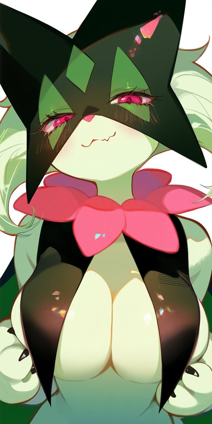 ai generated, blush, bow, bowtie, breasts, closed mouth, drowsy sheep, female, green hair, half-closed eyes, large breasts, looking at viewer, meowscarada, pink eyes, pokemon, pokemon (species), pokemon sv, simple background, solo, upper body, white background