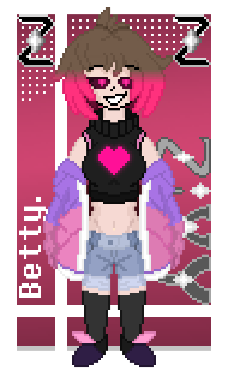 background bete_noire betty_noire black_socks blue_shorts brown_hair glitchtale jacket long_socks pink_eyes pink_hair pink_jacket pixel_art purple_jacket shoes short_hair shorts smile zixy