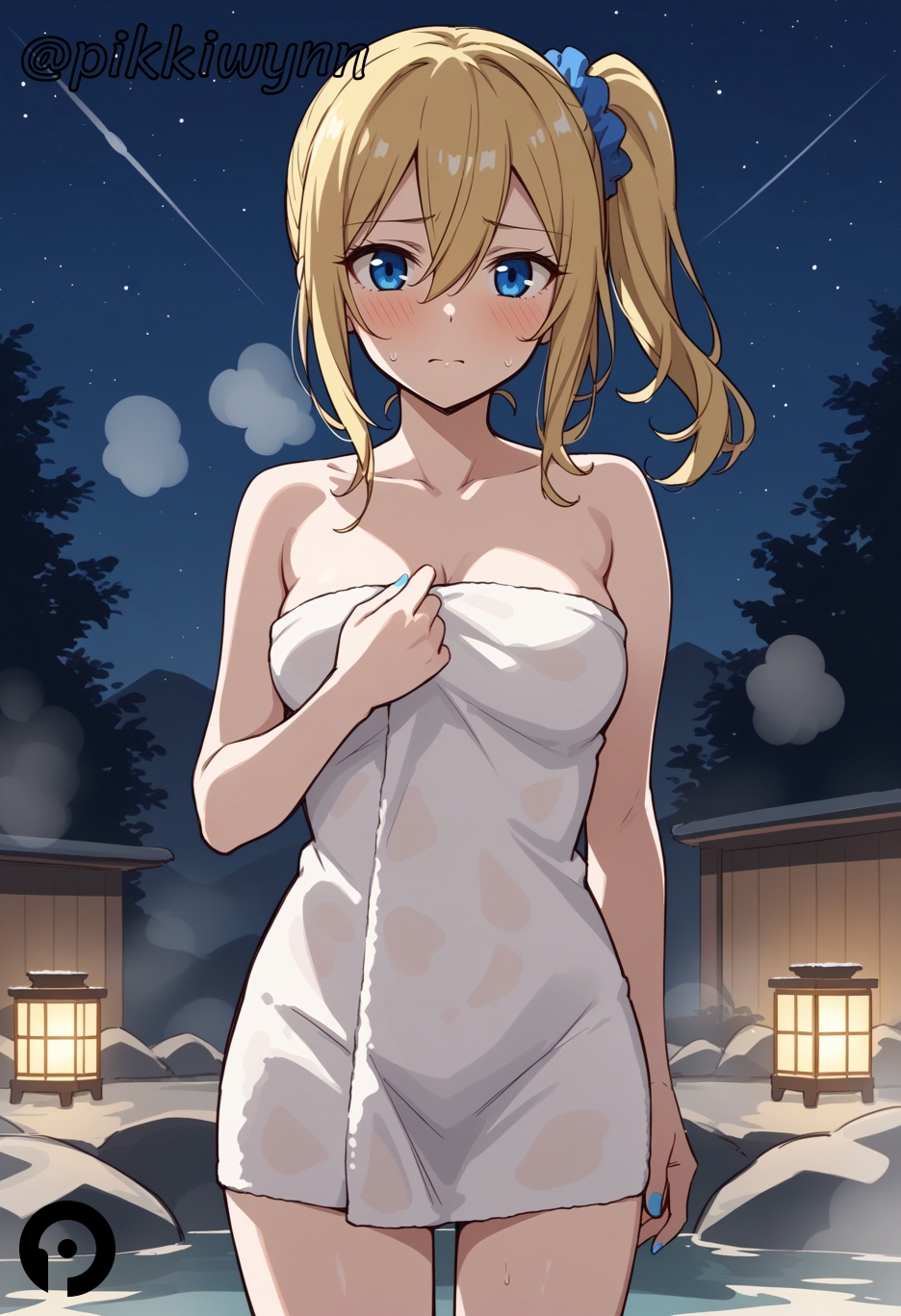 ai_generated bangs bare_arms bare_shoulders blonde_hair blue_eyes blue_nails blue_scrunchie blush breasts cleavage closed_mouth collarbone cowboy_shot female hair_between_eyes hair_ornament hair_scrunchie hayasaka_ai kaguya-sama_wa_kokurasetai_~tensai-tachi_no_renai_zunousen~ looking_at_viewer medium_breasts nail_polish naked_towel night night_sky onsen outdoors pikkiwynn scrunchie shooting_star side_ponytail sidelocks sky solo star_(sky) steam towel water wet