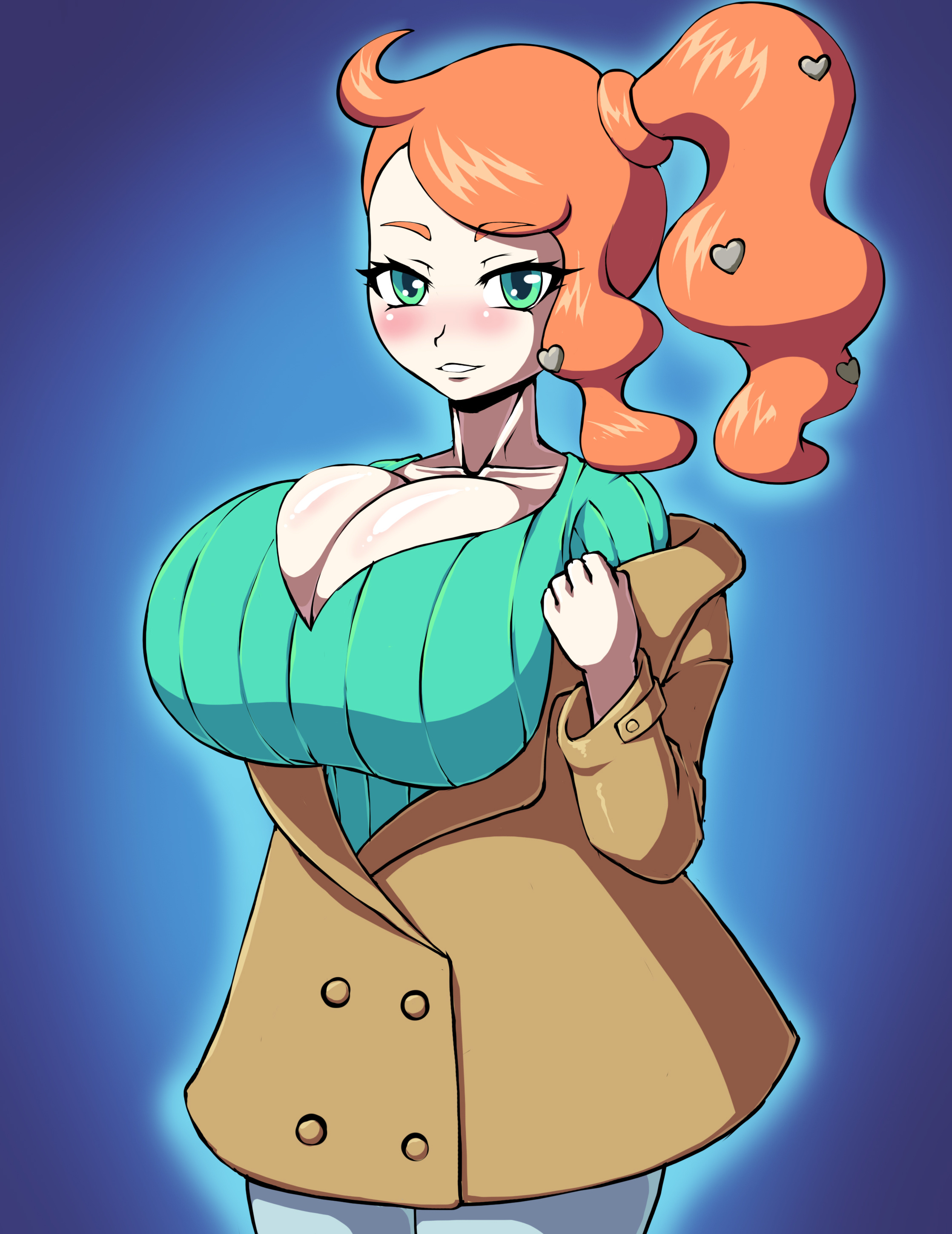 1girls, alternate breast size, big breasts, blue background, bosomancer, breasts, cleavage, clothed, coat, female, female only, green eyes, huge breasts, human, human only, looking at viewer, nintendo, orange hair, pants, pokemon, pokemon ss, shirt, smile, solo, sonia (pokemon), source request