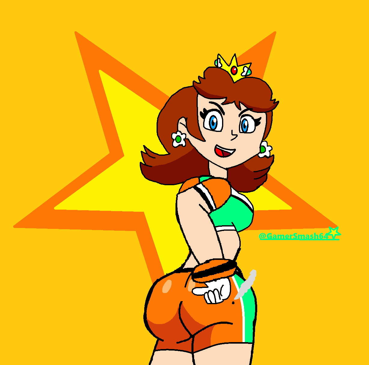 1girls ass daisy's_hot_stuff_(trend) female female_only mario_(series) mario_strikers mario_strikers_princess_daisy_side_view_redraw_(meme) meme orange_shorts princess_daisy screenshot_redraw super_mario_bros.