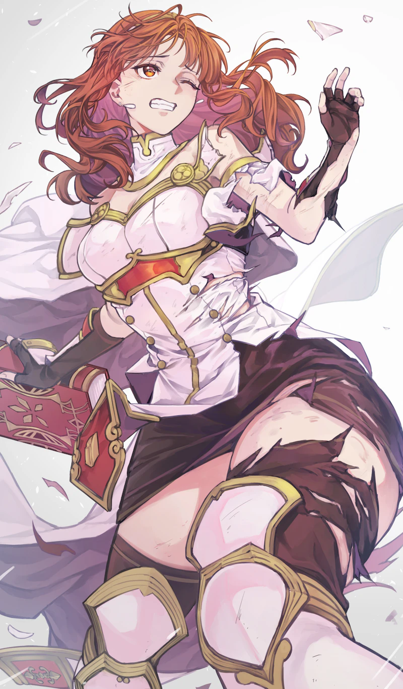 1girls armor bare_thighs book breasts cape celica_(fire_emblem) cleavage clenched_teeth commission dress earrings eposhim female female_only fingerless_gloves fire_emblem fire_emblem_echoes:_shadows_of_valentia gloves highres holding holding_book jewelry long_hair medium_breasts nintendo orange_eyes orange_hair scratches skeb_commission skirt solo teeth thick_thighs thighs torn_cape torn_clothes torn_skirt
