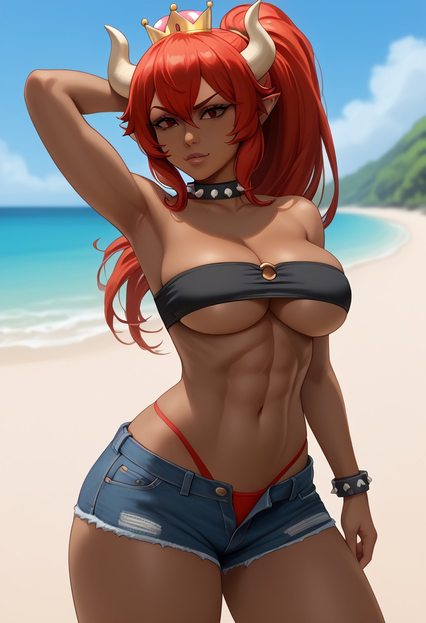 abs ai_generated bandeau bare_legs bare_shoulders bare_thighs bikini_bottom bowsette civitai cleavage collarbone dark-skinned_female dark_skin elf_ears horns jean_shorts midriff muscular_female open_fly open_shorts ponytail red_eyes red_hair short_shorts spiked_bracelet spiked_collar strapless super_crown toned toned_female underboob