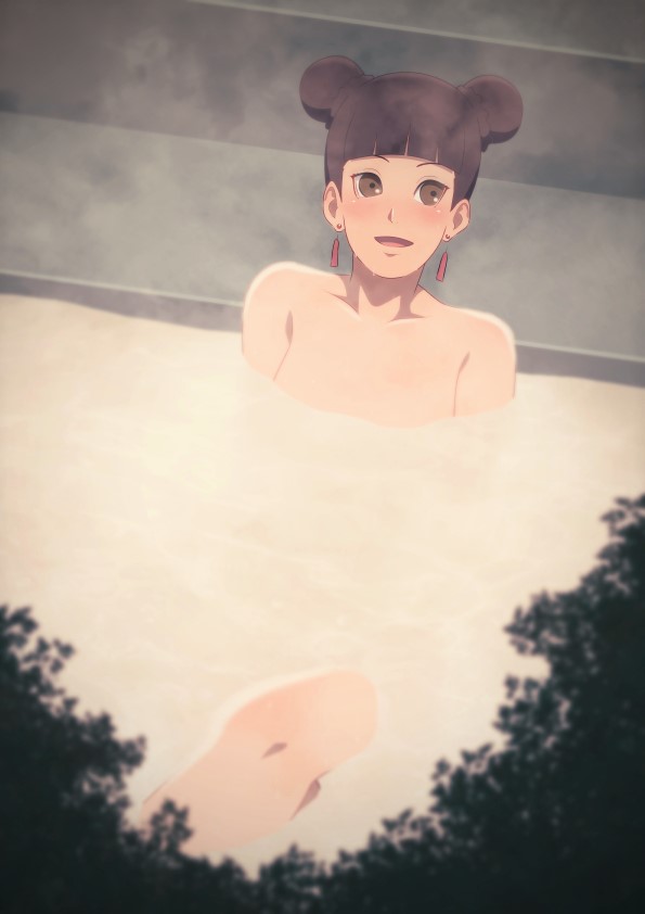 1girls, bathing, blush, boruto: naruto next generations, brown eyes, brown hair, ear piercing, earrings, eeshin (eishin5584), female, female only, hair bun, hot spring, legs, mature female, naked, naruto, naruto (series), nude, open mouth, solo, solo focus, tagme, tenten, wet