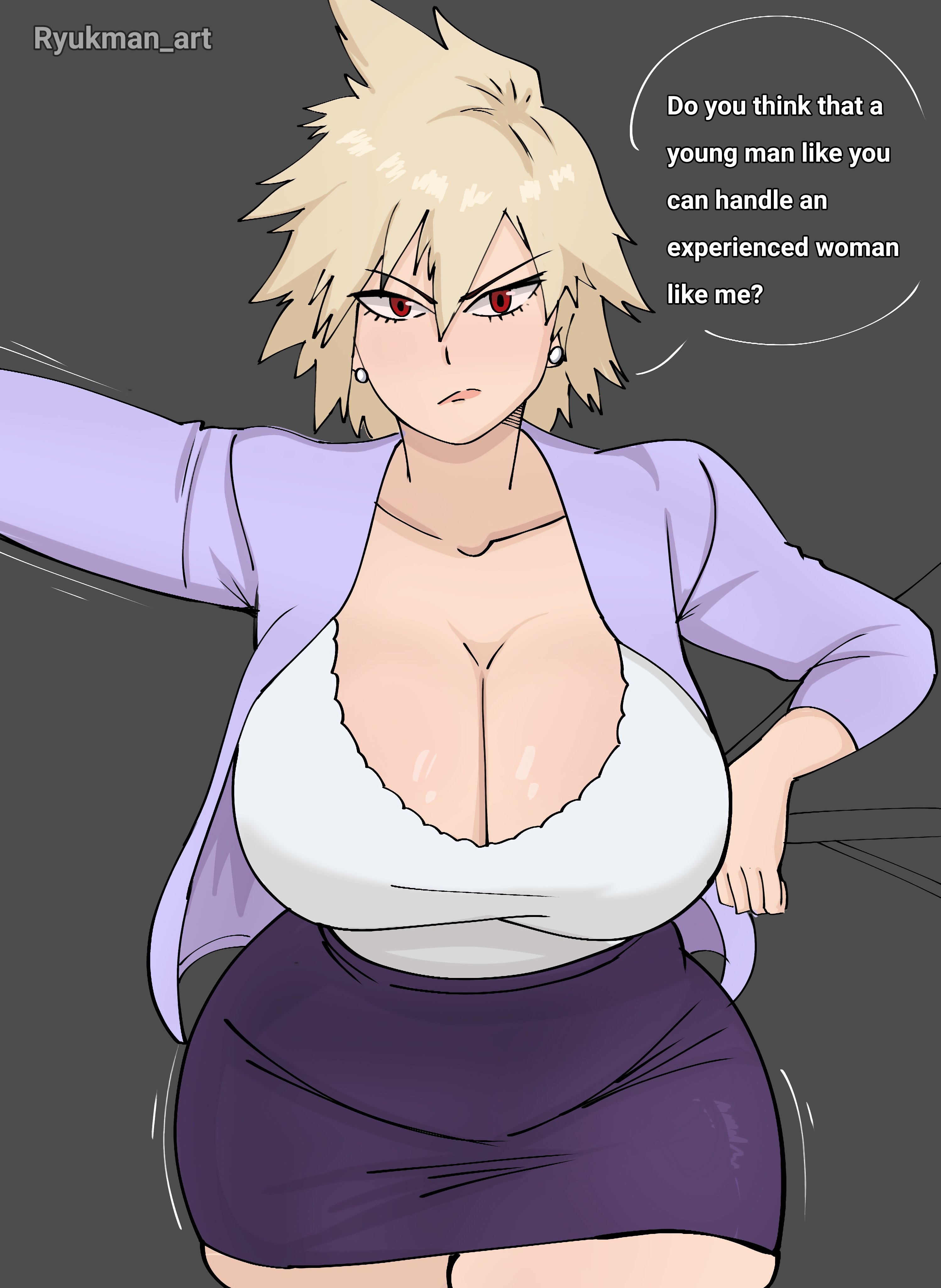 1girls, age difference, big breasts, blonde hair, bottomwear, breasts, cleavage, ear piercing, earrings, english, english text, female, female only, hair, hips, huge breasts, large breasts, looking at viewer, mature, mature female, milf, mitsuki bakugou, mother, motion lines, my hero academia, open shirt, pencil skirt, red eyes, ryukman, skirt, speech bubble, talking to viewer, text, topwear
