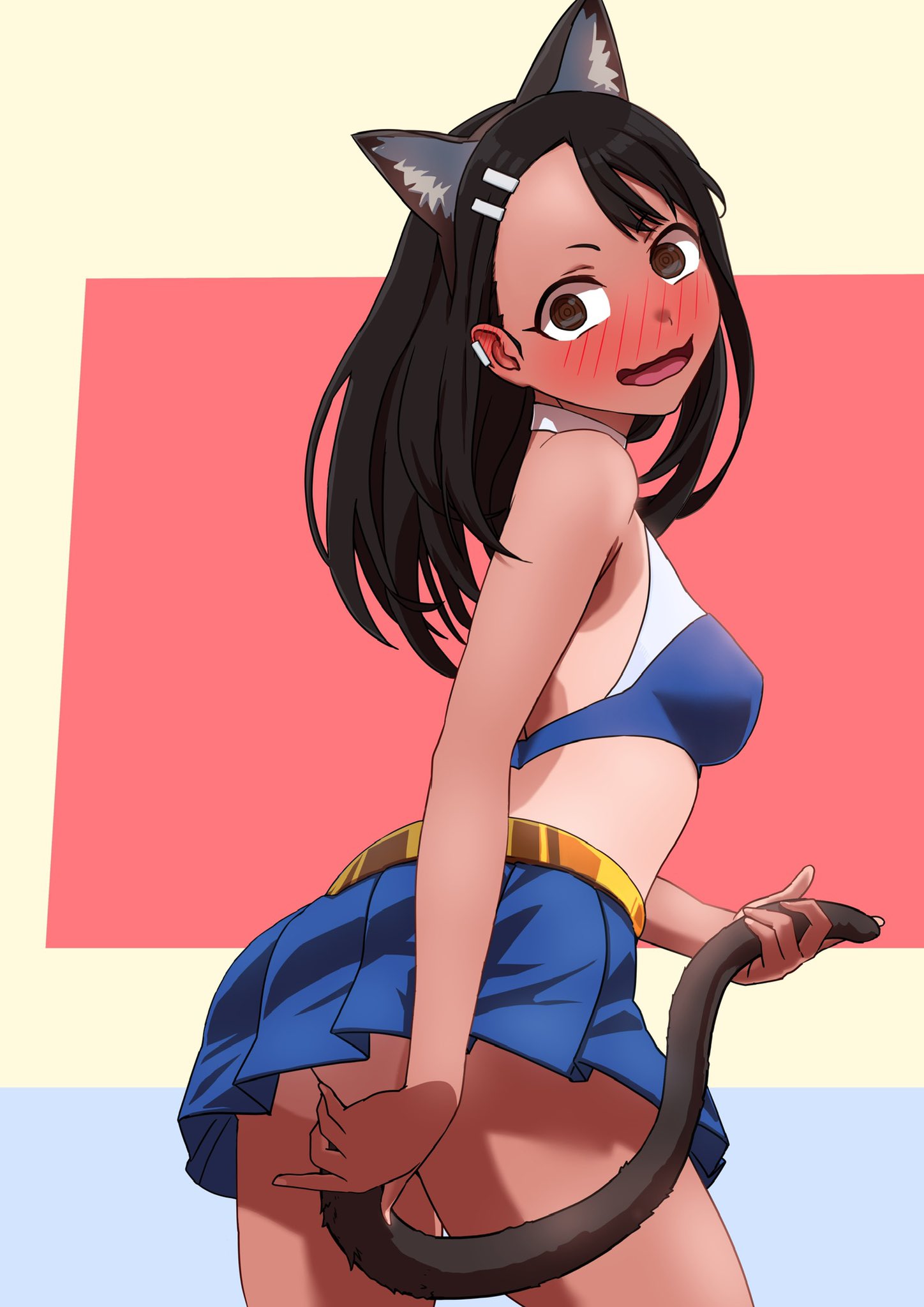 alternate_costume anal anal_object_insertion anal_tail animal_ears ass blue_background blue_skirt blush breasts brown_background brown_eyes cat_tail commentary commission cowboy_shot ear_piercing english_commentary fake_animal_ears fake_tail female from_behind hair_ornament highres ijiranaide_nagatoro-san long_hair looking_at_viewer looking_back medium_breasts nagatoro_hayase object_insertion open_mouth piercing pink_background pleated_skirt second-party_source skeb_commission skirt solo tail tan wavy_mouth wokue