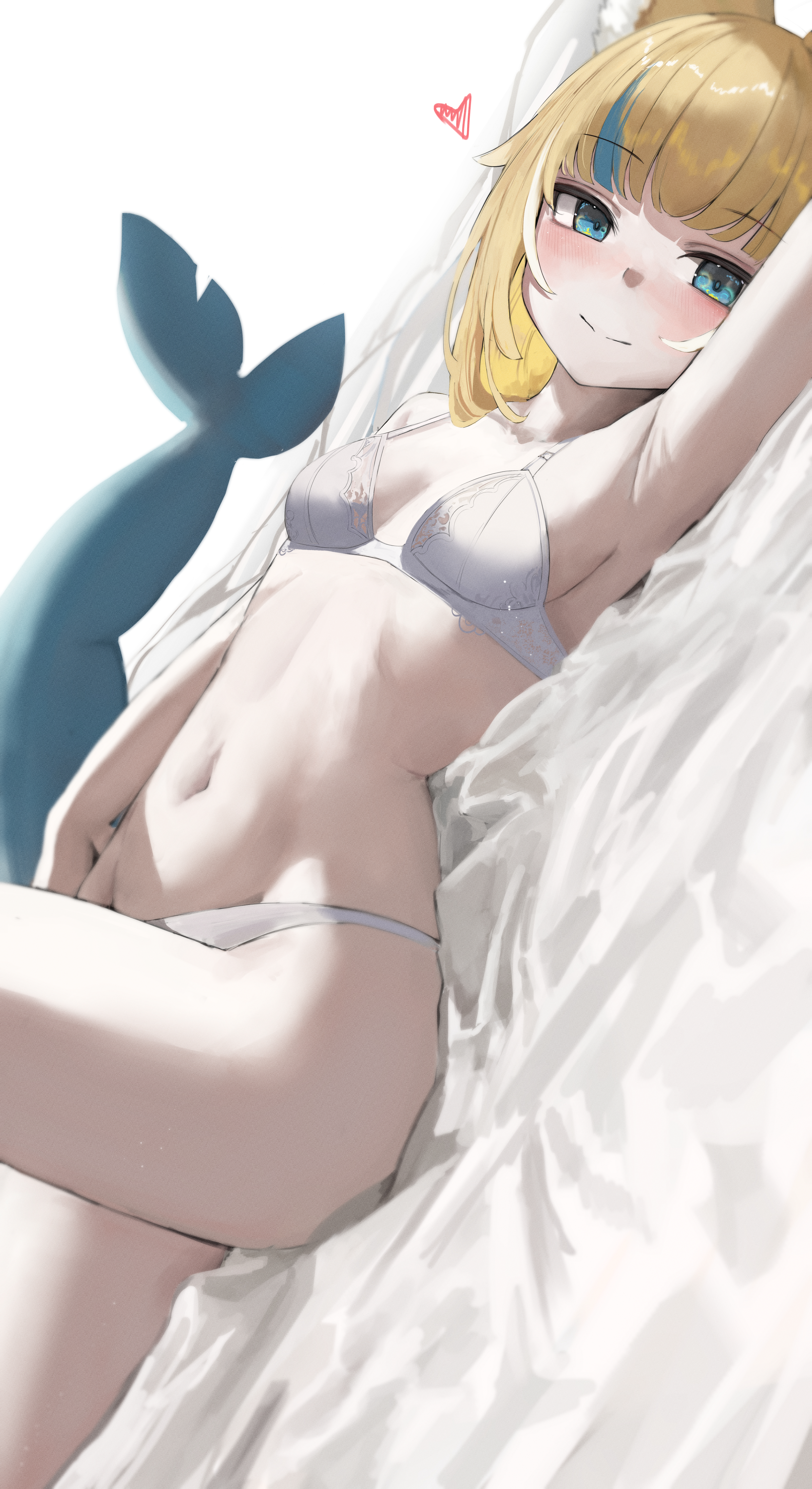 absurdres, animal ear fluff, animal ears, armpits, blonde hair, blue eyes, blue hair, blunt bangs, blush, bra, commentary, female, fins, fish girl, fish tail, heart, highres, indie virtual youtuber, looking at viewer, lying, moji (m 0j 4), multicolored hair, navel, on back, on bed, panties, sameko saba, solo, streaked hair, symbol-only commentary, tail, underwear, virtual youtuber, white background, white bra, white panties