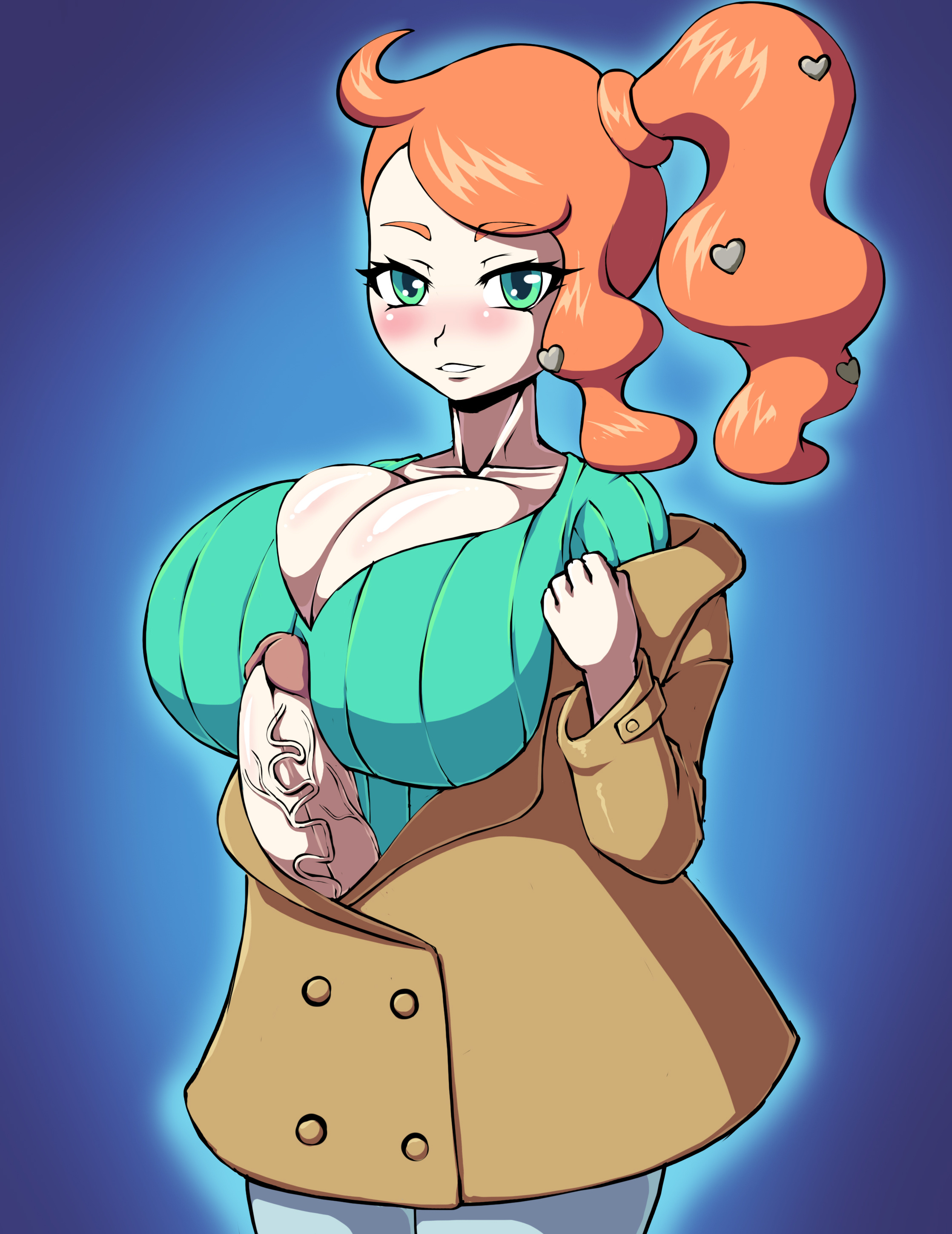 1futa, alternate breast size, big breasts, blue background, blush, bosomancer, breasts, cleavage, clothed, coat, collarbone, color, erection, futa only, futanari, green eyes, huge breasts, huge penis, human, human only, hyper, hyper penis, intersex, looking at viewer, nintendo, orange hair, pants, penis, penis out, pokemon, pokemon ss, shirt, smile, solo, sonia (pokemon), source request, sweater, undressing, veins, veiny penis