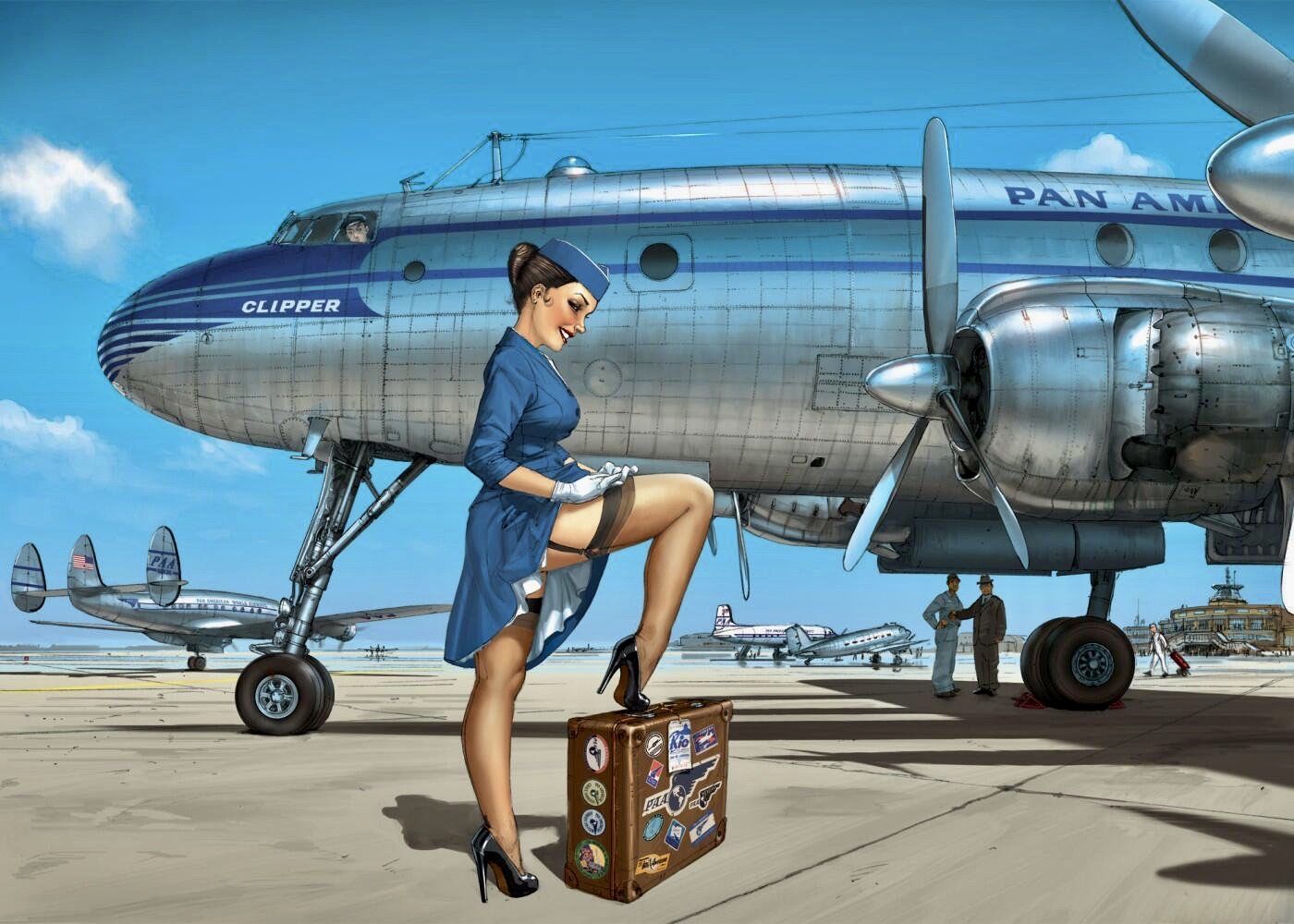 1boy 1girls 3boys airplane black_hair case dark_hair female female_focus flight_attendant garter_straps hat heels legs legwear long_legs pan_am pilot pin_up pinup romain_hugault smile smiling stewardess stewardess_uniform sticker stickers stockings thigh_highs thighhighs