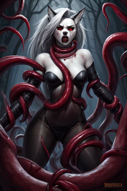 5_fingers ai_generated anthro black_clothing blood gritted_teeth gritting_teeth helluva_venti loona_(helluva_boss) red_eyes red_tentacles tentacle tentacle tied_arms tied_hands tied_legs tied_neck white_hair wolf