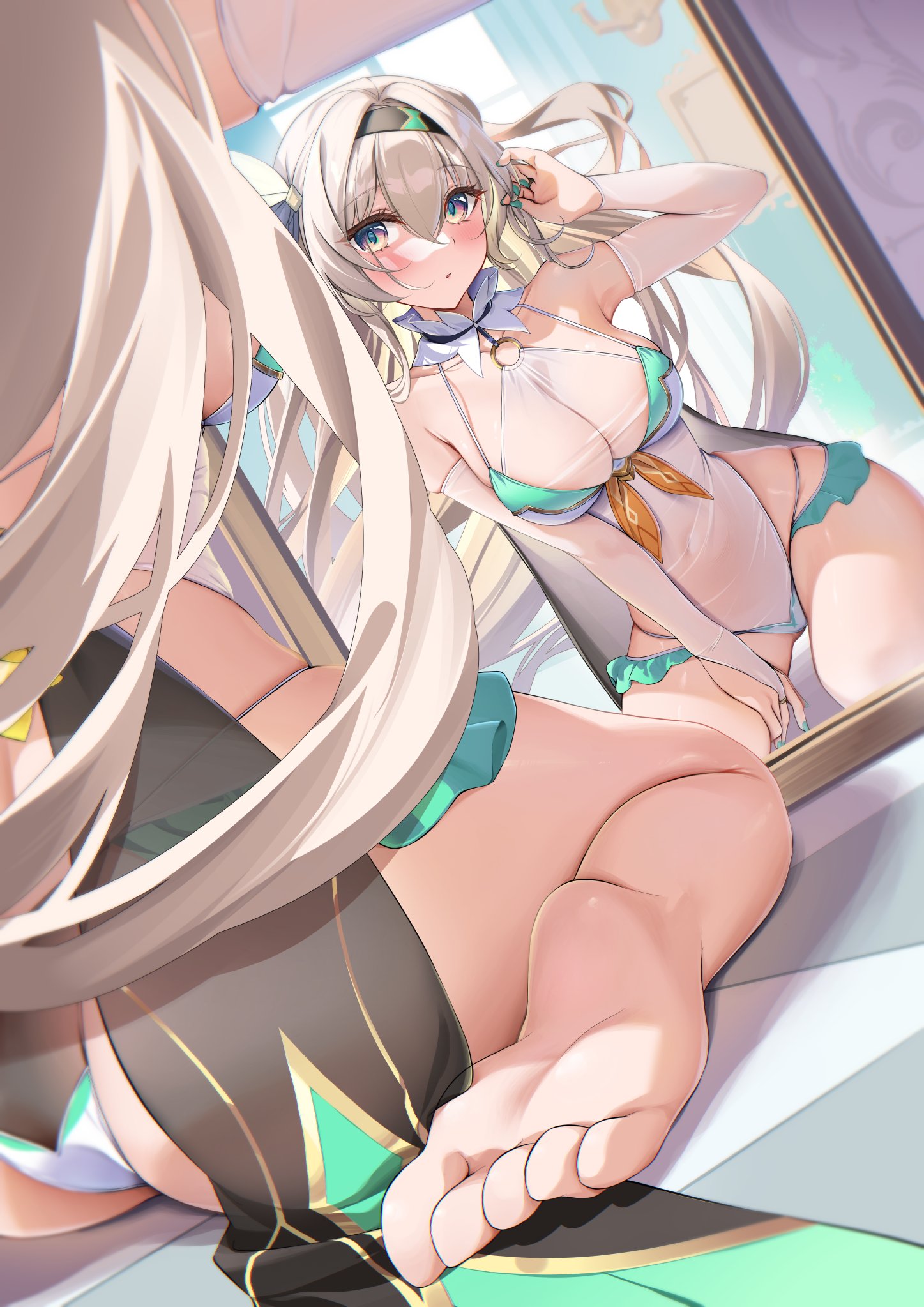 ass, back view, blush, breasts, chestnut mouth, feet, female, firefly (honkai: star rail), honkai: star rail, large ass, large breasts, leotard, mirror selfie, one arm up, posing, pov, soles, thick thighs, toes, wide hips