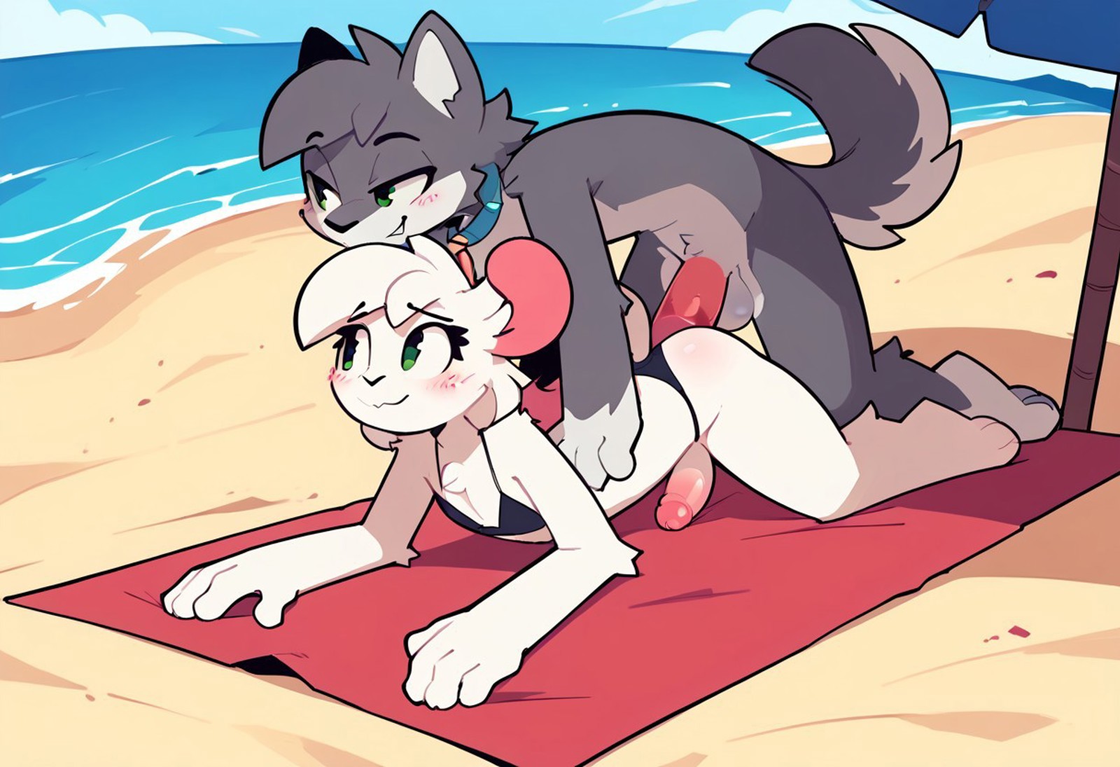 ai generated, beach, bikini, canine, femboy, furry, gay sex, male, male/male, mouse, penis, rat, reggie (whygena)