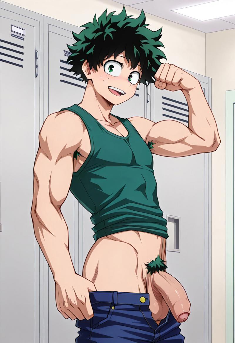 abs ai_generated armpit_hair balls biceps big_balls big_penis blue_jeans blush flexing_arms foreskin gay green_eyes green_hair izuku_midoriya locker_room looking_at_viewer male male_only muscular muscular_male my_hero_academia nipples nude_male pecs penis pubic_hair smile tank_top toned_body toned_male twall97 uncircumcised uncut unretracted_foreskin