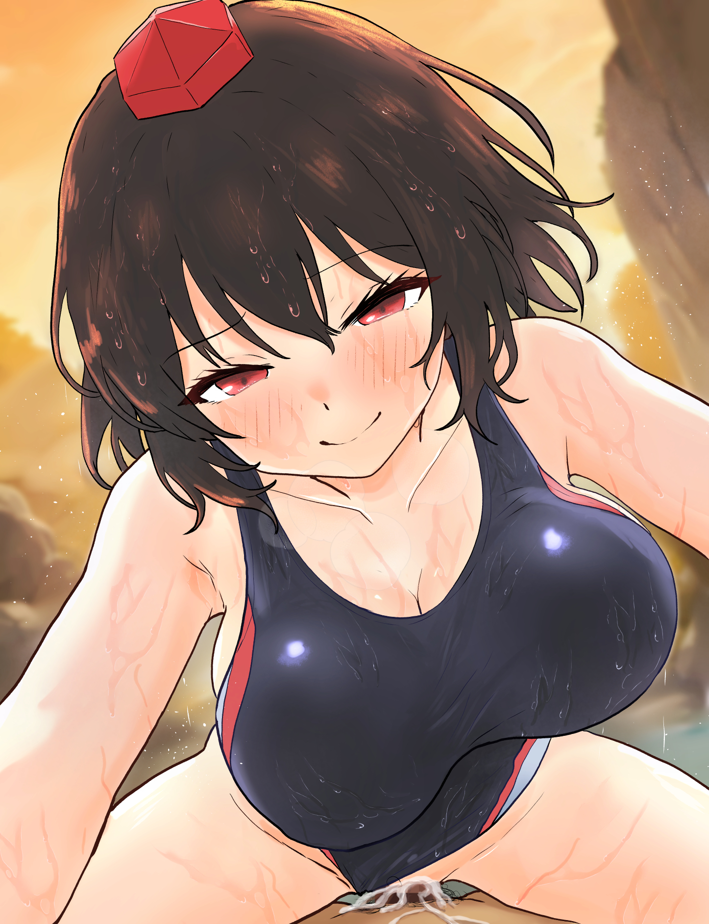 1girls, aya shameimaru, bare hips, bare shoulders, bare thighs, big breasts, black one-piece swimsuit, censored, censored penis, censored pussy, competition swimsuit, cum, cum in pussy, cum inside, cum leaking, cum leaking out of pussy, dark brown hair, exposed shoulders, first person view, hat, hi res, highleg one-piece swimsuit, highres, hinben, hips, legs apart, legs spread, looking at viewer, looking pleasured, male pov, mosaic censoring, one-piece swimsuit, penis, penis in pussy, pussy, red eyes, river, seductive, seductive look, sex, sex from front, shameimaru aya, smile, smiling, smiling at viewer, spread legs, swimsuit, swimsuit aside, swimwear, thighs, tokin hat, touhou, touhou project, vagina, vaginal penetration, water, wet, wet body, wet clothes, wet clothing, wet hair, wet skin