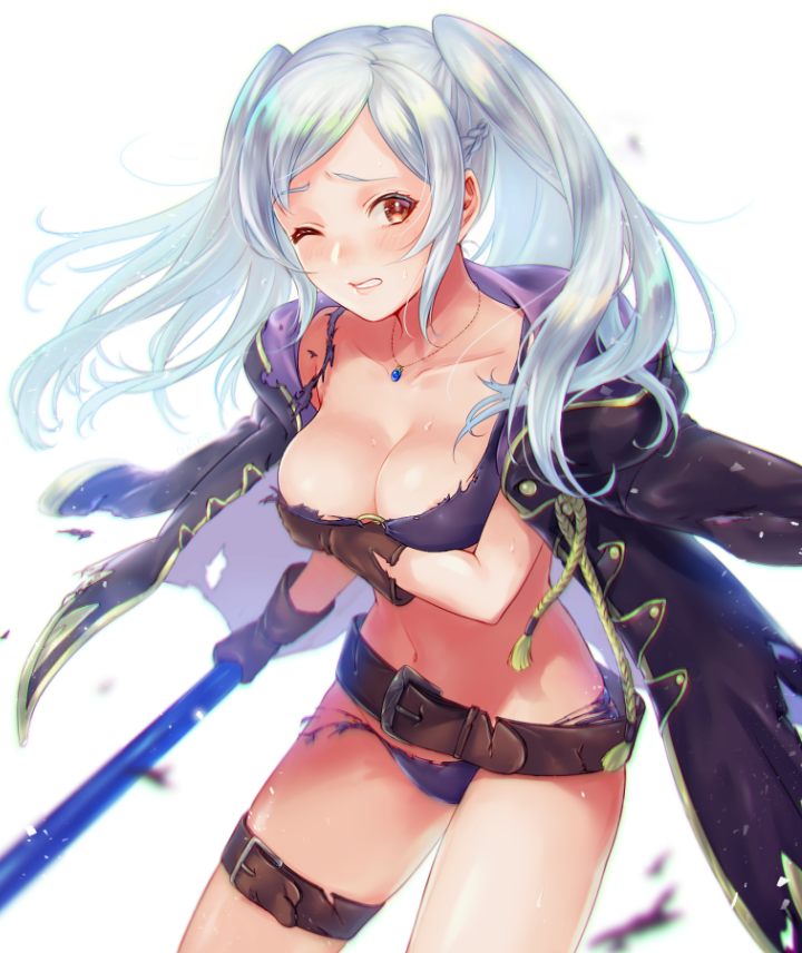 1girls alternate_costume belt bikini black_jacket blush breasts brown_belt brown_eyes brown_gloves cleavage female female_only fire_emblem fire_emblem_awakening fire_emblem_heroes gloves holding holding_weapon jacket jacket_on_shoulders jewelry long_hair medium_breasts navel necklace nintendo o-ring o-ring_bikini official_alternate_costume one_eye_closed pashiri_(shiripa) purple_bikini purple_swimsuit robin_(female)_(fire_emblem) robin_(female)_(summer)_(fire_emblem) robin_(fire_emblem) robin_(fire_emblem)_(female) simple_background solo stomach swept_bangs swimsuit torn_bikini torn_clothes twintails weapon white_background white_hair