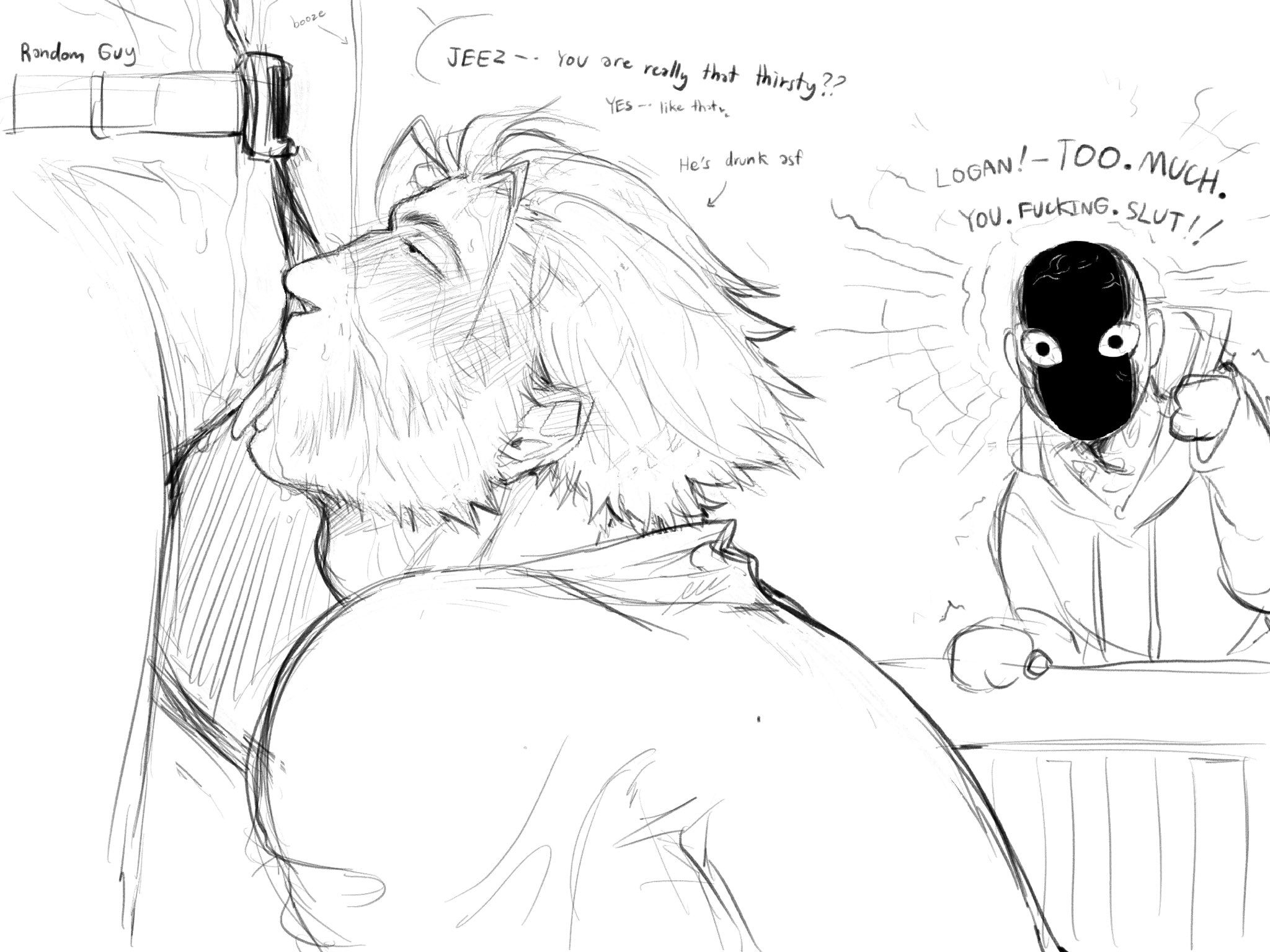 3boys, angry, annoyed, baimonbluewhale, blush, booze, deadpool, drunk, english text, facial hair, gay, licking, licking through clothes, logan (x-men), male, male only, marvel, marvel comics, monochrome, short hair, spilling, wade wilson, wolverine (x-men), x-men, yaoi