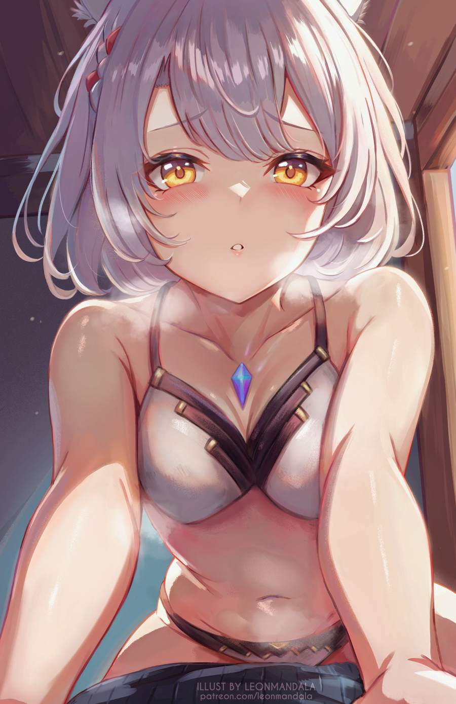 cat_ears catgirl core_crystal cowgirl_position gold_eyes leonmandala medium_breasts mio_(xenoblade) noah_(xenoblade) short_hair steamy_breath tagme white_bra white_hair white_panties xenoblade_(series) xenoblade_chronicles_3