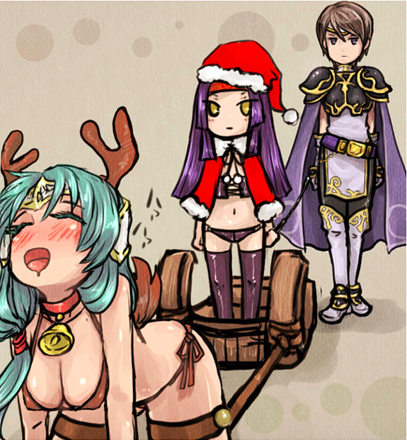 3girls all_fours antlers armor bell bell_collar bikini blush breasts brown_hair carriage christmas cleavage collar female femsub fire_emblem fire_emblem:_path_of_radiance fire_emblem:_radiant_dawn green_eyes green_hair hat headband male mo_(deciliter) pulling_carriage pulling_sleigh purple_hair riding_crop sanaki_kirsch_altina santa_hat sigrun_(fire_emblem) sleigh small_dom_big_sub tail tanith_(fire_emblem) yuri