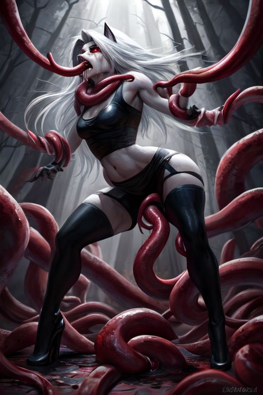 2_eyes 5_fingers ai_generated anthro black_clothes black_clothing blood dark_forest furry helluva_boss loona_(helluva_boss) oral oral_penetration oral_sex red_eyes red_tentacles tears tentacle tied_arms tied_hands tied_neck vaginal_penetration vaginal_sex white_hair wolf