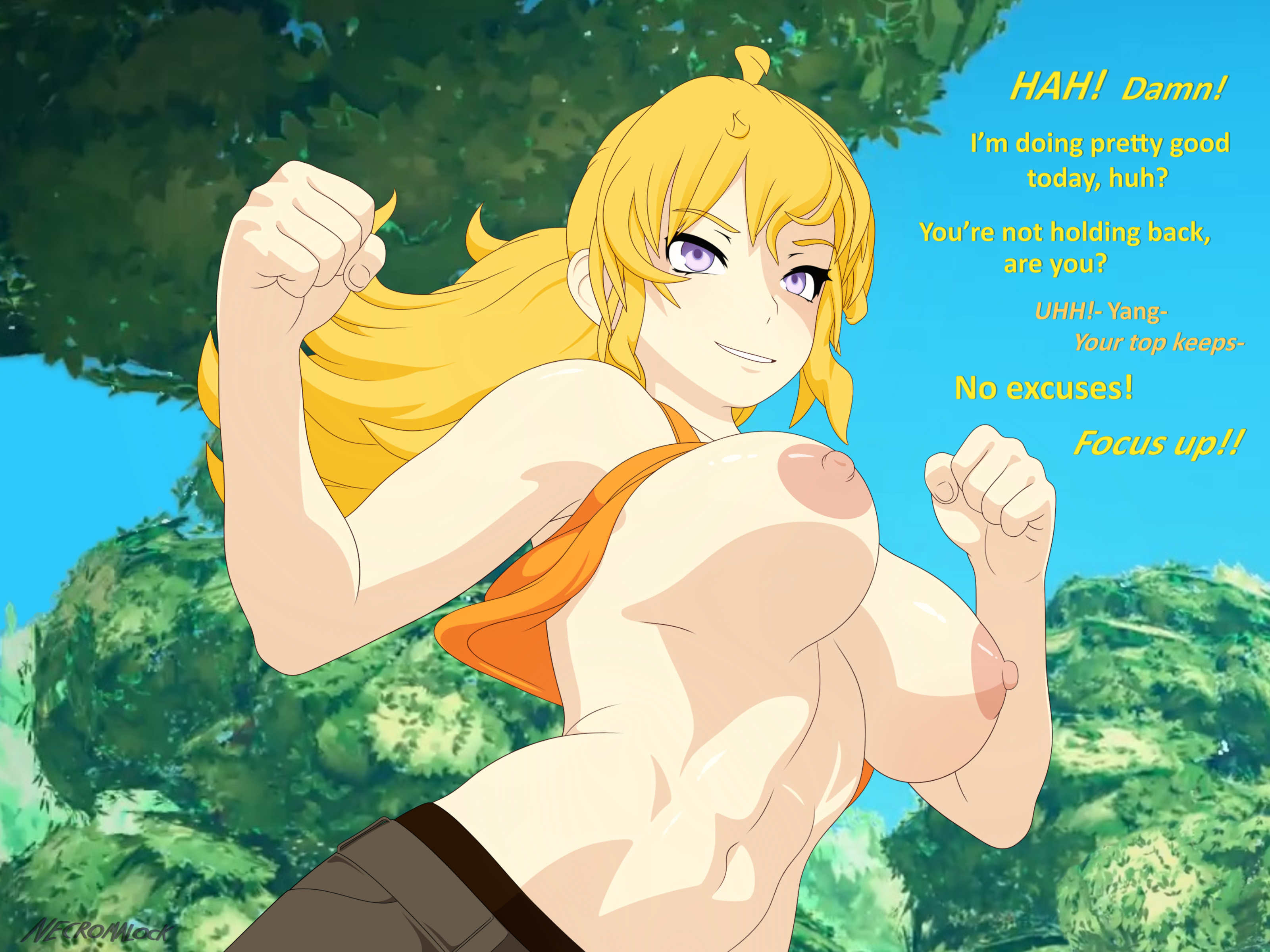 1girls, abs, accidental exposure, accurate art style, alternate version, artist name, artist signature, bare shoulders, big breasts, blonde female, blonde hair, breasts, brown nipples, busty, casual nudity, clothed female, clothes lift, confident, day, daytime, dialogue, english dialogue, english text, female, fist, fists clenched, forest, large breasts, light skin, light-skinned female, lilac eyes, long hair, long-haired female, necromalock, nipples, no bra, oblivious, pants, ponytail, purple eyes, rooster teeth, rwby, showing breasts, smile, smiling, smirk, smirking, solo, solo female, solo focus, tank top, tank top lift, toned, tree, trees, viz media, voluptuous, yang xiao long