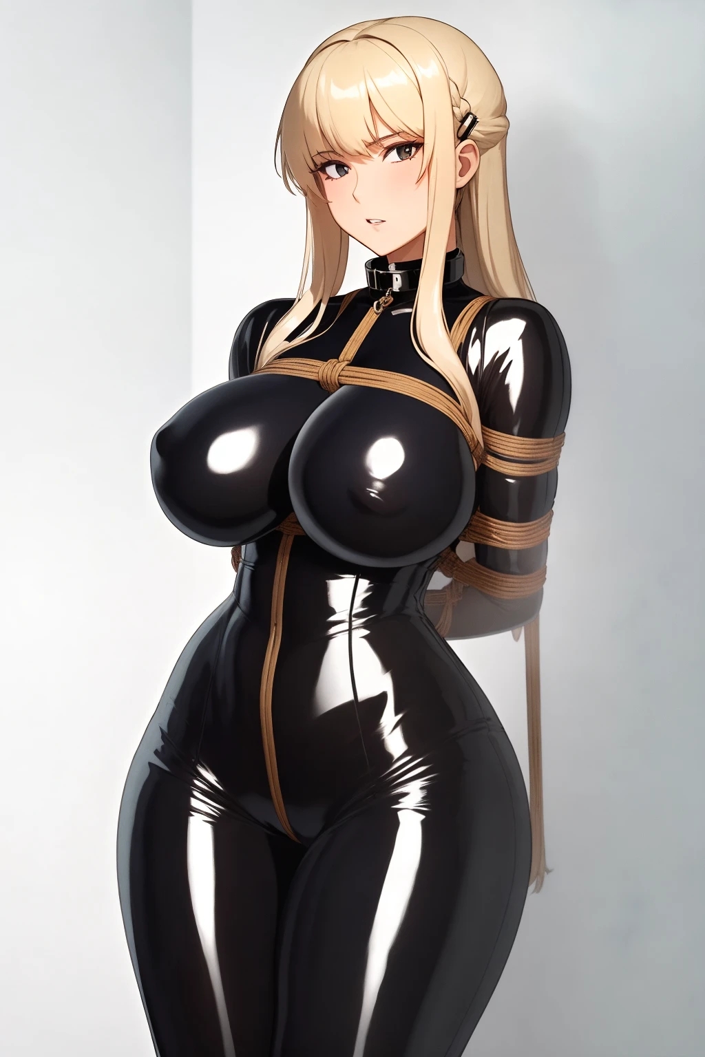 ai_generated arms_behind_back big_breasts blonde_hair bound breasts harness latex latex_clothing latex_suit long_hair nipples nipples_visible_through_clothing restrained restrained_arms rope rope_bondage rope_harness thick_thighs