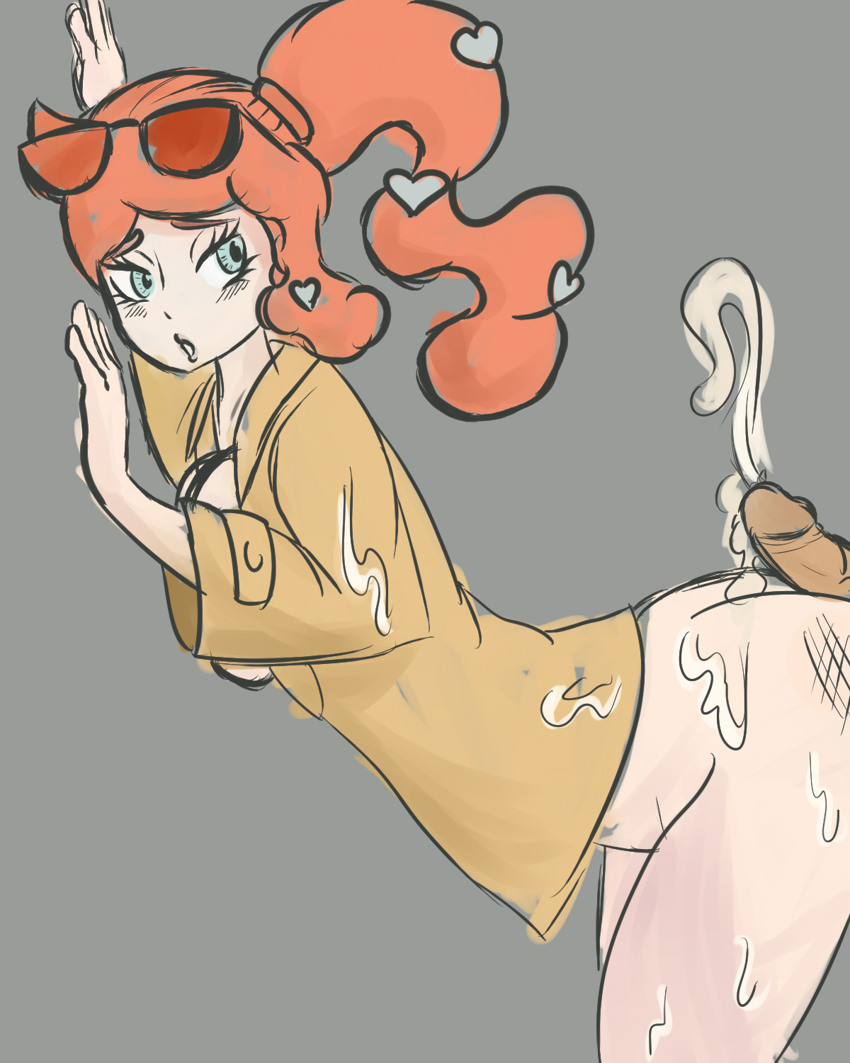 1boy, against wall, ass, blue eyes, blush, cum, ejaculation, female, hot dogging, human, human only, leaning, looking back, male, omiginz, open mouth, penis, pokemon, pokemon ss, sketch, sonia (pokemon)