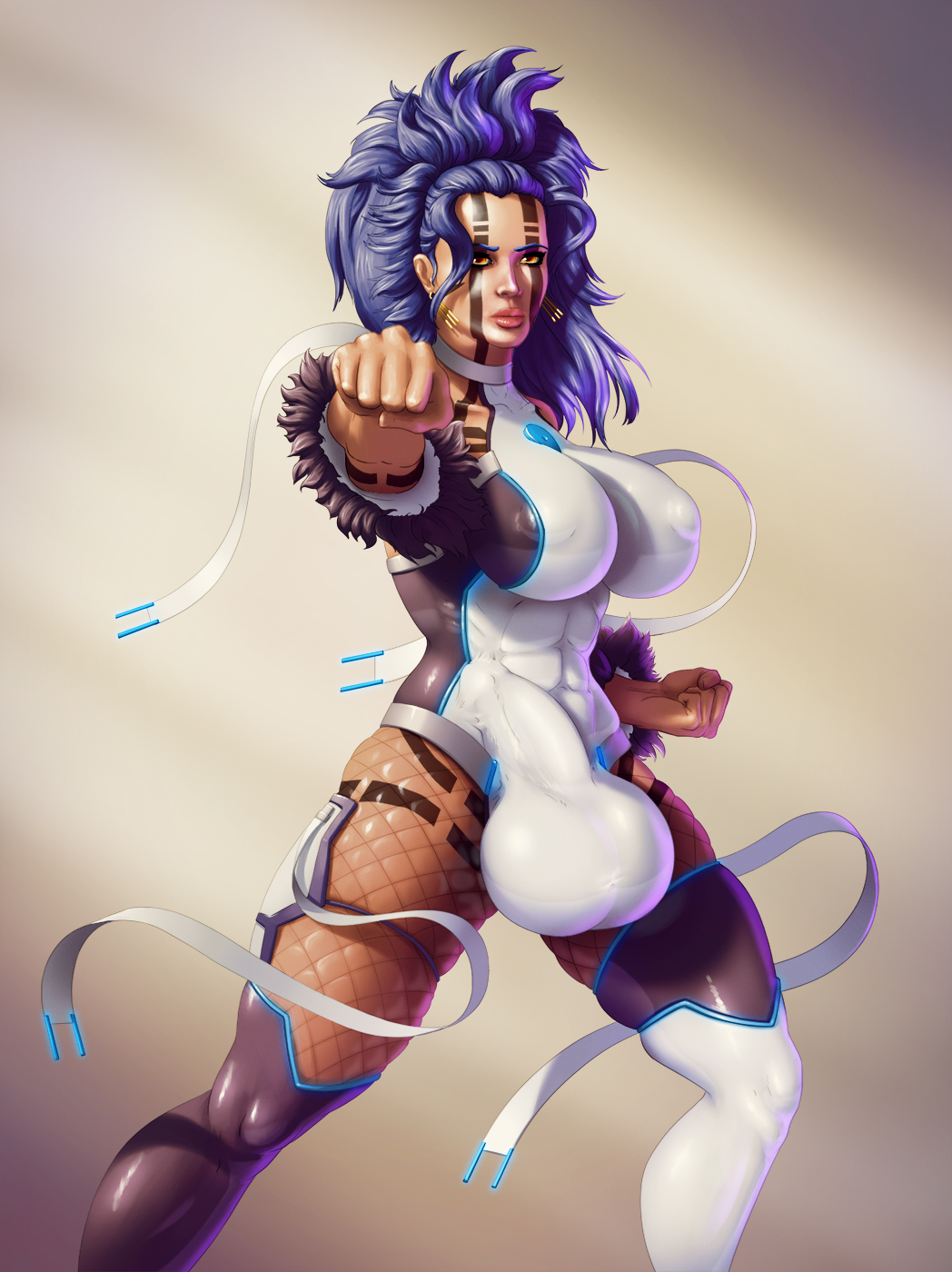 1futa abs atya ball_bulge big_breasts big_penis blue_hair bulge clothed color dickgirl exercise fighting_stance fishnets futa_only futanari huge_balls intersex leg_armor looking_at_viewer milf muscular oboro_taima orange_eyes tanned tattoo thick_thighs