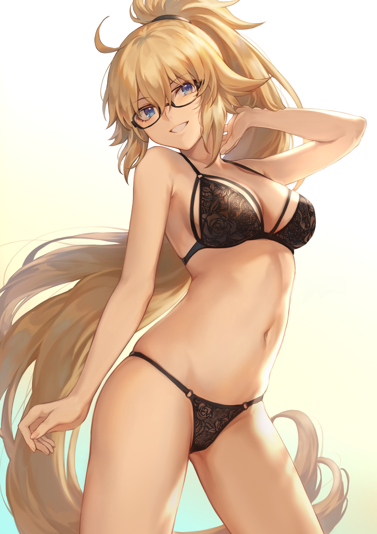 bra, breasts, cleavage, fate (series), fate/grand order, female, female only, jeanne d'arc (fate), jeanne d'arc (swimsuit archer), lingerie, looking at viewer, mashu 003, panties, solo