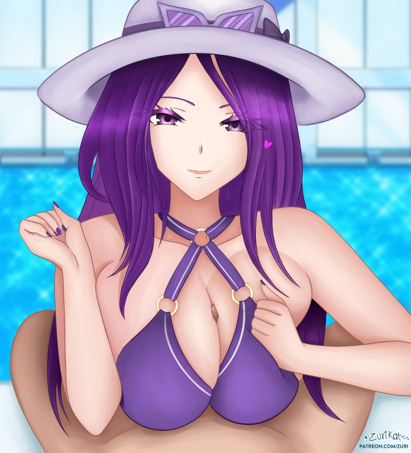 1boy 1girls bikini bikini_top breast_grab breast_press breast_squeeze breasts caitlyn_kiramman cleavage eye_contact eyewear_on_head female glasses hat heart large_breasts league_of_legends looking_at_viewer male male_pov outercourse paizuri paizuri_under_clothes pool pool_party_caitlyn pool_party_series poolside pov pov_eye_contact purple_eyes purple_hair purple_nails ribbon solo_focus sunglasses_on_head titjob zurikat