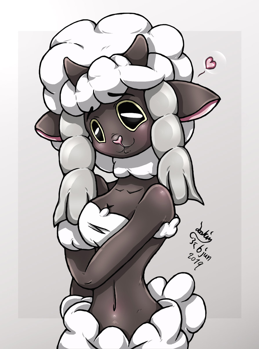 1girls 2019 abs anthro anthrofied belly big_ears big_eyes breasts cleavage dark-skinned_female dark_skin female female_only furry heart horns joakaha navel nude pokemon pokemon_(species) pokemon_ss sheep solo text thin_waist watermark white_fur wooloo yellow_eyes