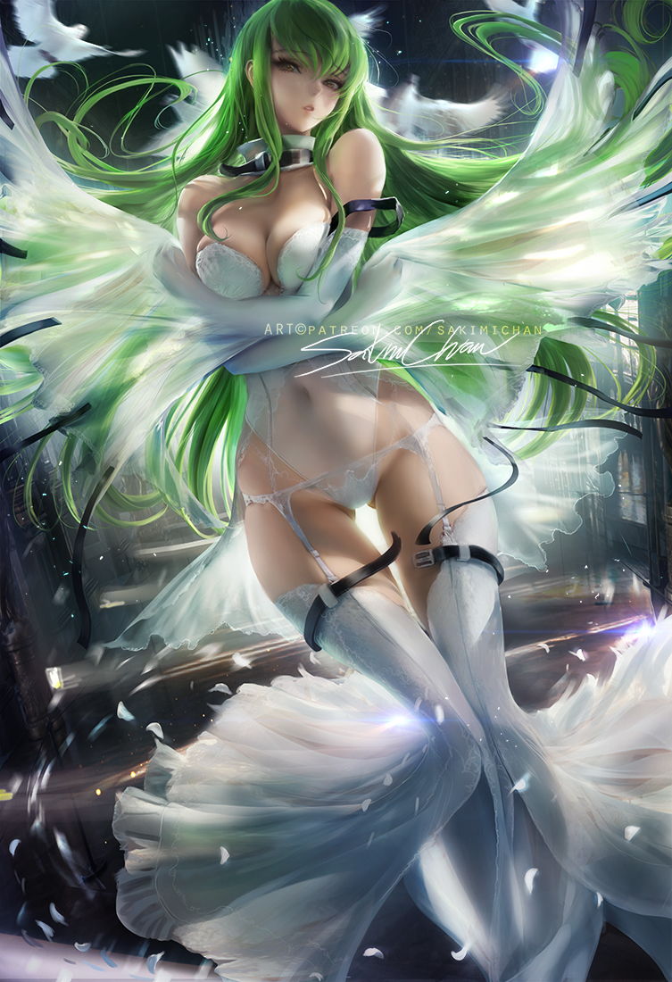 1girls breasts c.c. cleavage code_geass dove female female_only flowing_hair garter_belt green_hair long_hair looking_at_viewer panties sakimichan solo thighhighs yellow_eyes