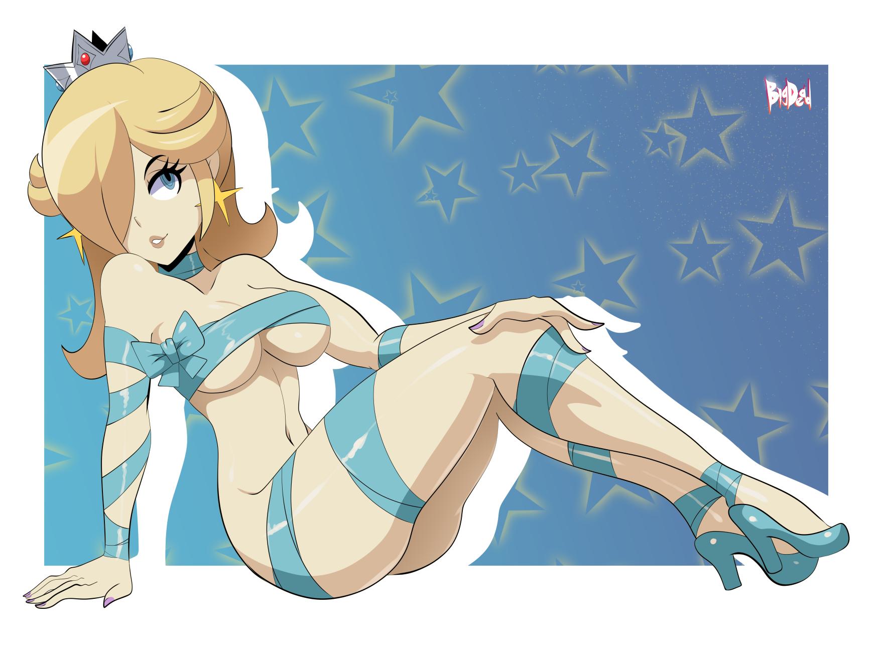 1girls, bad censor, bigdeadalive, blonde hair, blue eyes, covered nipples, covering, crown, curvy, earrings, female, female only, hair, hair over one eye, heels, human, long hair, mario (series), nintendo, nude, princess, princess rosalina, solo, super mario galaxy, video games, wrapped, wraps