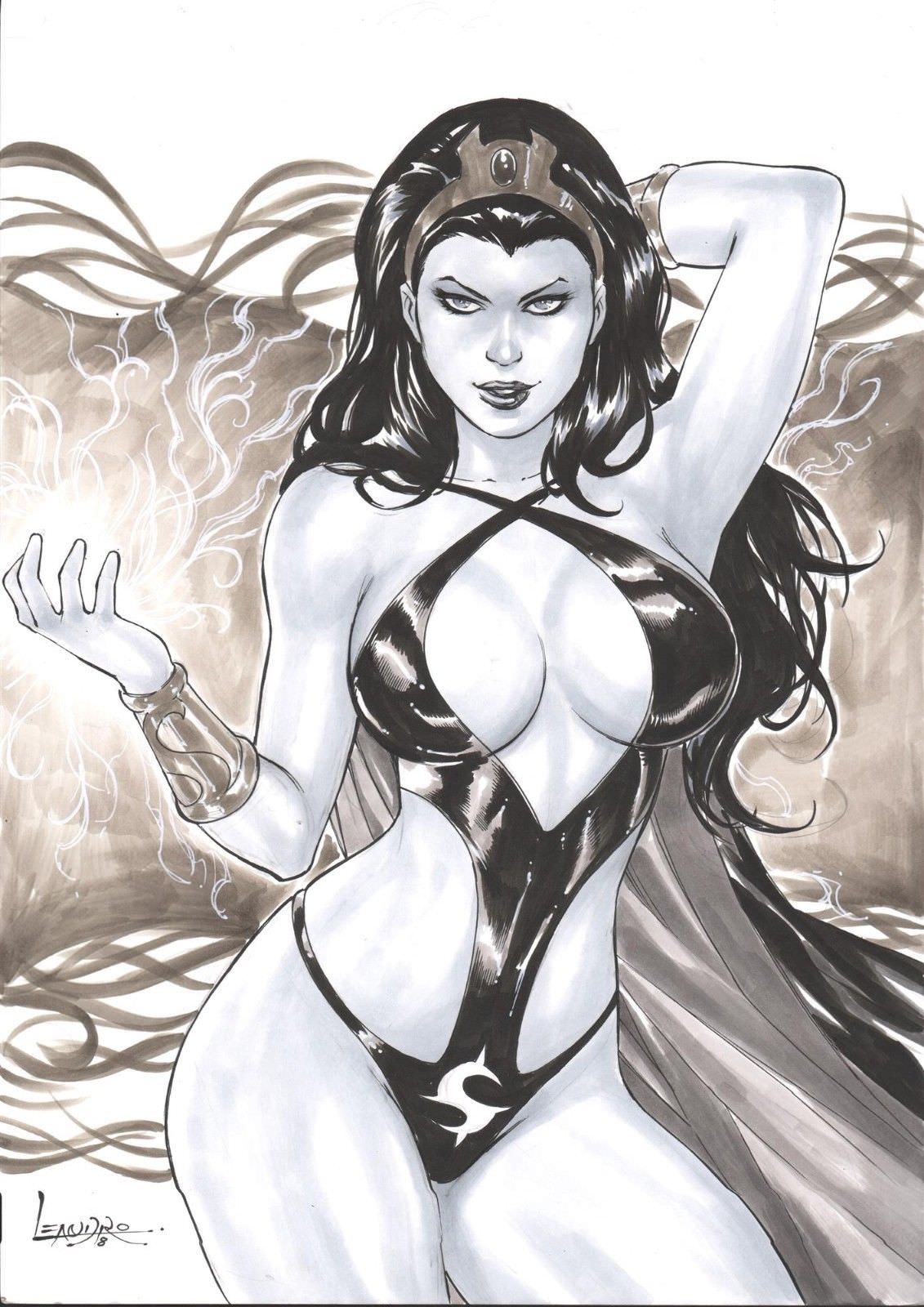 2018 big_breasts black_bikini black_clothes black_clothing black_hair black_lips black_lipstick bracers breasts busty crown curvaceous curvy dated dc dc_comics ed_benes_studio female female_only gem latex leandro_oliveira leather legion_of_superheroes long_hair monochrome pinup shadow_lass signature sling_bikini solo superheroine talokian tasmia_mallor thick_thighs thighs umbra umbrakinesis voluptuous