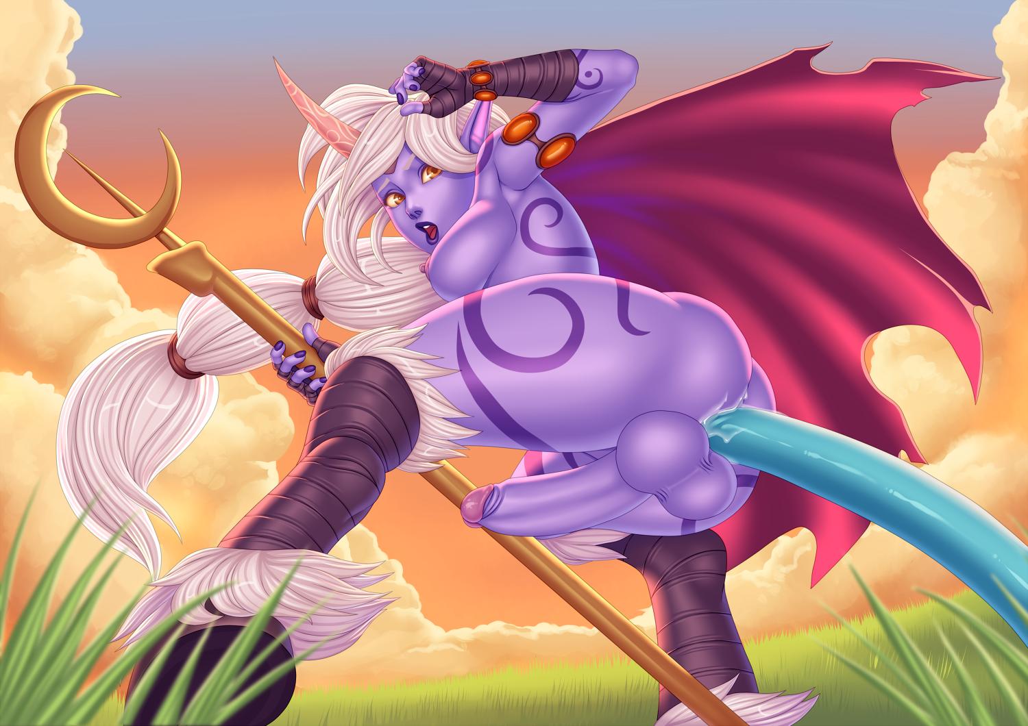 1futa, anal penetration, areola, ass, backsack, balls, ballsack, breasts, curvy, erect nipples, erection, exposed breasts, futa only, futa penetrated, futanari, hooves, horn, huge penis, intersex, large ass, large balls, large breasts, league of legends, looking at viewer, looking back, maplemoon, nipples, nude, penis, pink nipples, ponytail, purple penis, purple skin, sex, soraka, straight hair, tentacle, tentacle on futa, tentacle sex, thick thighs, tight clothing, very long hair, white hair