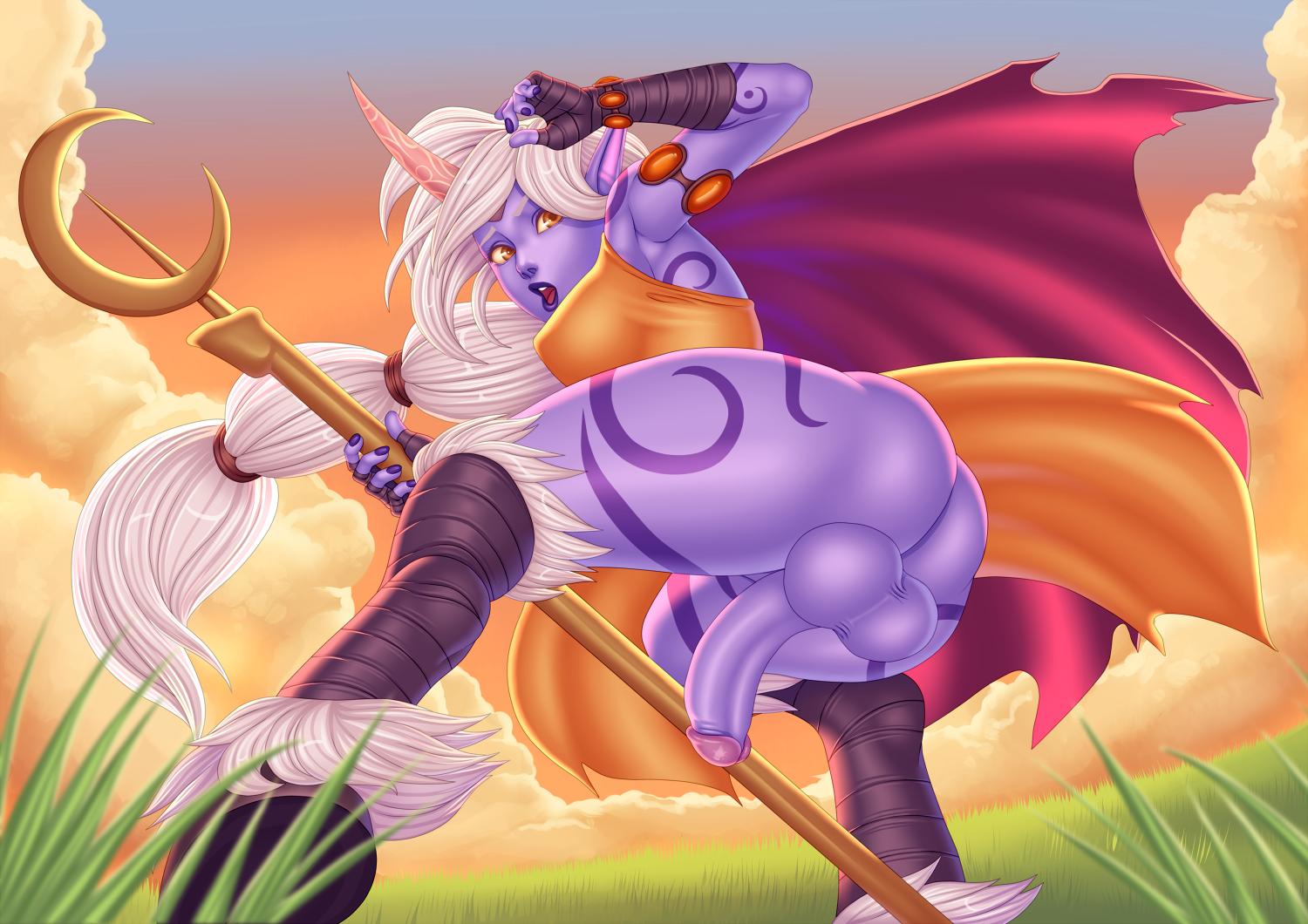 1futa, ass, backsack, balls, ballsack, big balls, big breasts, big penis, breasts, dickgirl, erect nipples, erect nipples under clothes, erection, futa only, futanari, grass, half-erect, hooves, horn, intersex, large breasts, league of legends, looking at viewer, looking back, maplemoon, nipples, penis, ponytail, purple penis, purple skin, solo, soraka, straight hair, testicles, thick thighs, tight clothing, very long hair, white hair