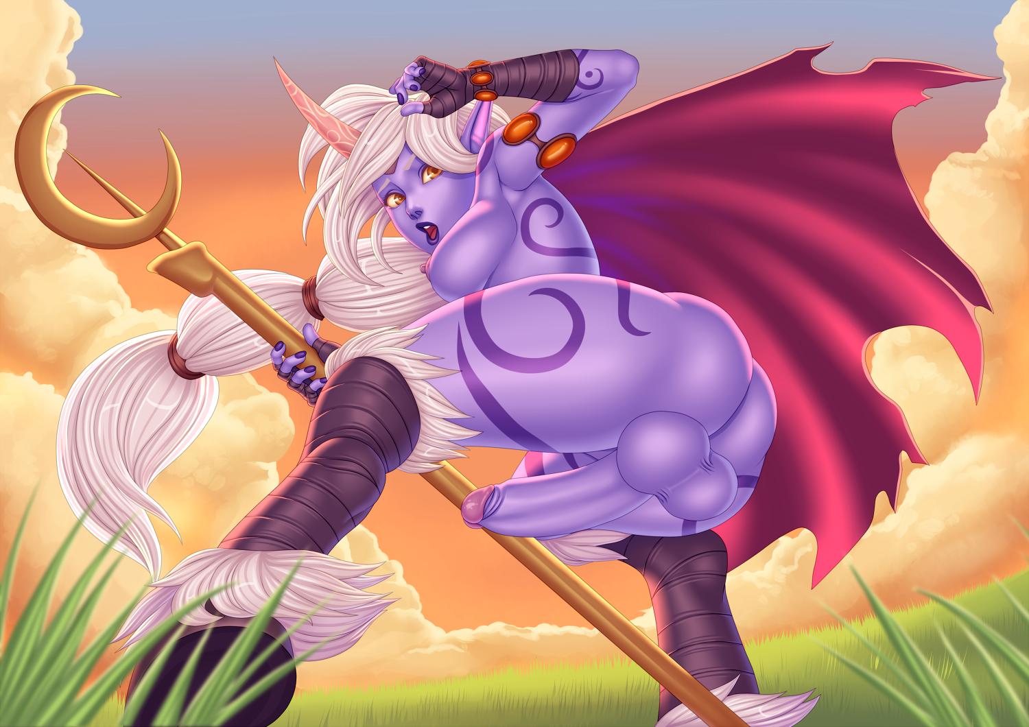 1futa, ass, backsack, balls, ballsack, big balls, big breasts, big penis, breasts, dickgirl, erection, futa only, futanari, hooves, horn, intersex, large breasts, league of legends, looking at viewer, looking back, maplemoon, nude, open mouth, penis, pink nipples, ponytail, purple penis, purple skin, solo, soraka, straight hair, testicles, thick thighs, tight clothing, very long hair, white hair