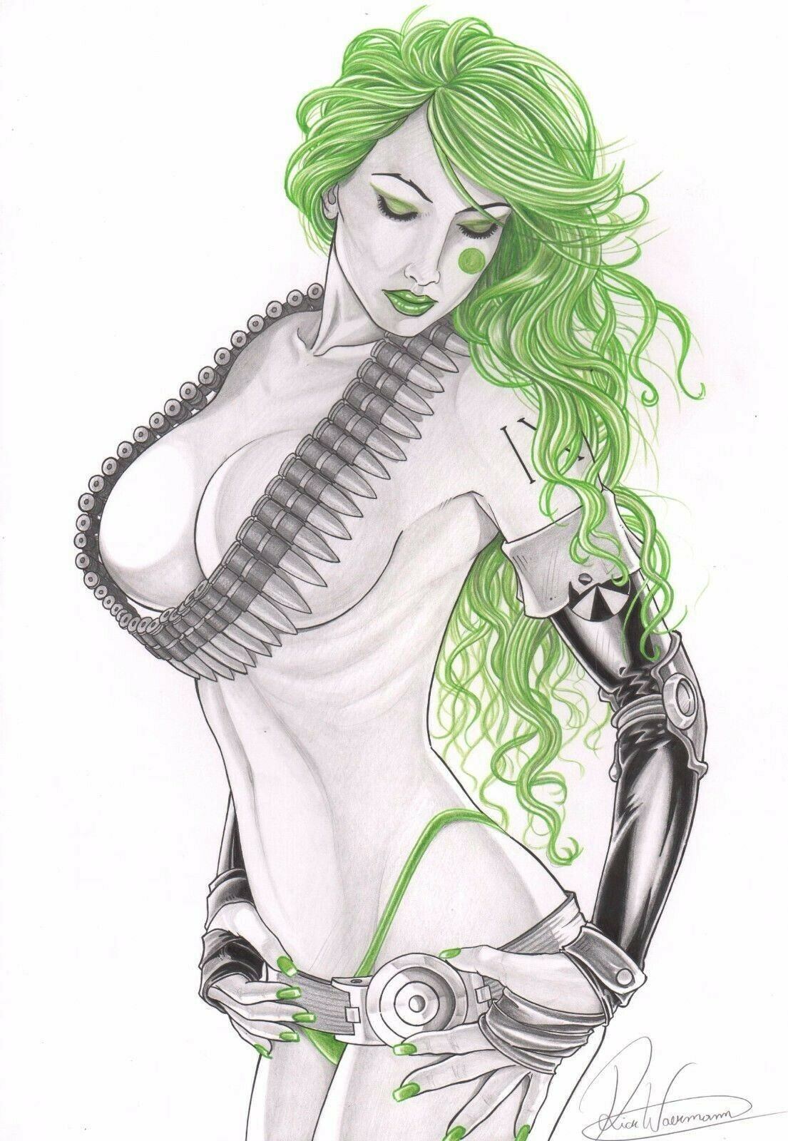 1girls ammo_belt ammunition aphrodite_ix assassin bandaged_arm bandages belt big_breasts black_sleeves breasts busty closed_eyes covered_breasts curvaceous curvy cyborg ed_benes_studio eyebrows eyelashes eyeshadow face_tattoo female female_only green_eyeshadow green_hair green_lips green_lipstick green_nail_polish green_nails green_panties green_thong gynoid hair image_comics long_hair nail_polish no_bra number_tattoo numbered panties pinup rick_waekmann_(artist) robot_girl shoulder_tattoo sleeves solo tattoo thong top_cow voluptuous wavy_hair