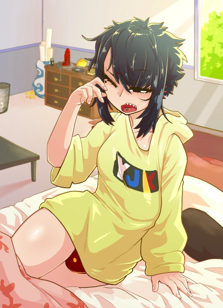 1futa, bed, big penis, black hair, bottomless, breasts, bulge, clothed, clothing, dickgirl, erection, erection under clothes, futanari, human, intersex, morning wood, original, pale skin, partially clothed, penis, piercing, sansaira yujoko, sharp teeth, solo, solo futa, thetenk, tongue piercing, waking up