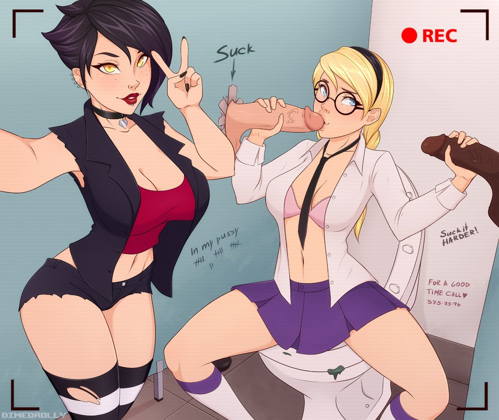 2boys, 2girls, big penis, black hair, blonde hair, blue eyes, bra, clothing, dark skin, dark-skinned male, dimedrolly, evie (dimedrolly), faceless male, fellatio, female, freckles, gangbang, glasses, glory hole, hair, handjob, light skin, male, multiple boys, multiple females, multiple girls, multiple males, multiple penises, open clothes, open shirt, oral, original, penis, public restroom, recording, shirt, skirt, straight, sucking, v, yellow eyes