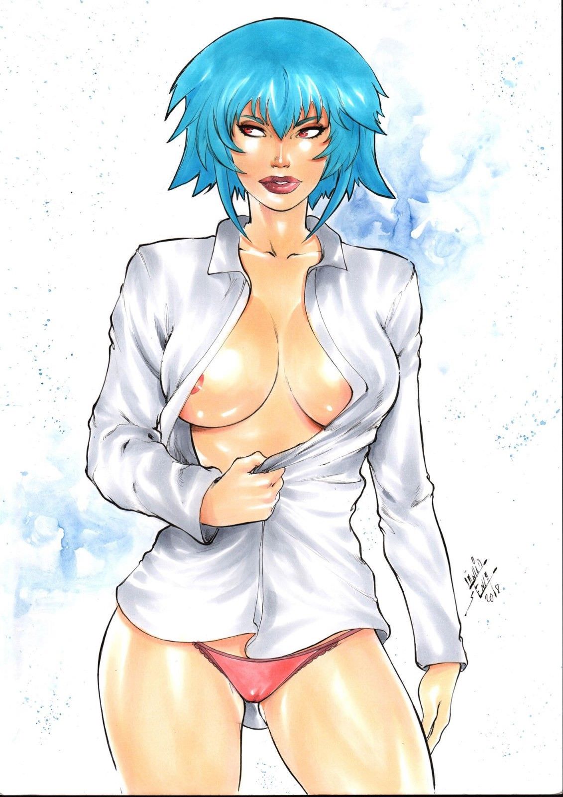 1girls 2018 big_breasts blouse blue_eyebrows blue_hair bob_cut breasts busty button_down_shirt cleavage curvaceous curvy dated demon_girl demoness devil_girl drawn ed_benes_studio eyelashes eyeliner eyeshadow female female_only hair_between_eyes high_school_dxd human lanio_sena lipstick makeup medium_hair nipples nipples_visible_through_clothing no_bra open_shirt panties pink_lips pink_nipples pink_panties red_eyes shirt shirt_tug short_hair signature solo thick_thighs thighs voluptuous white_shirt xenovia_quarta