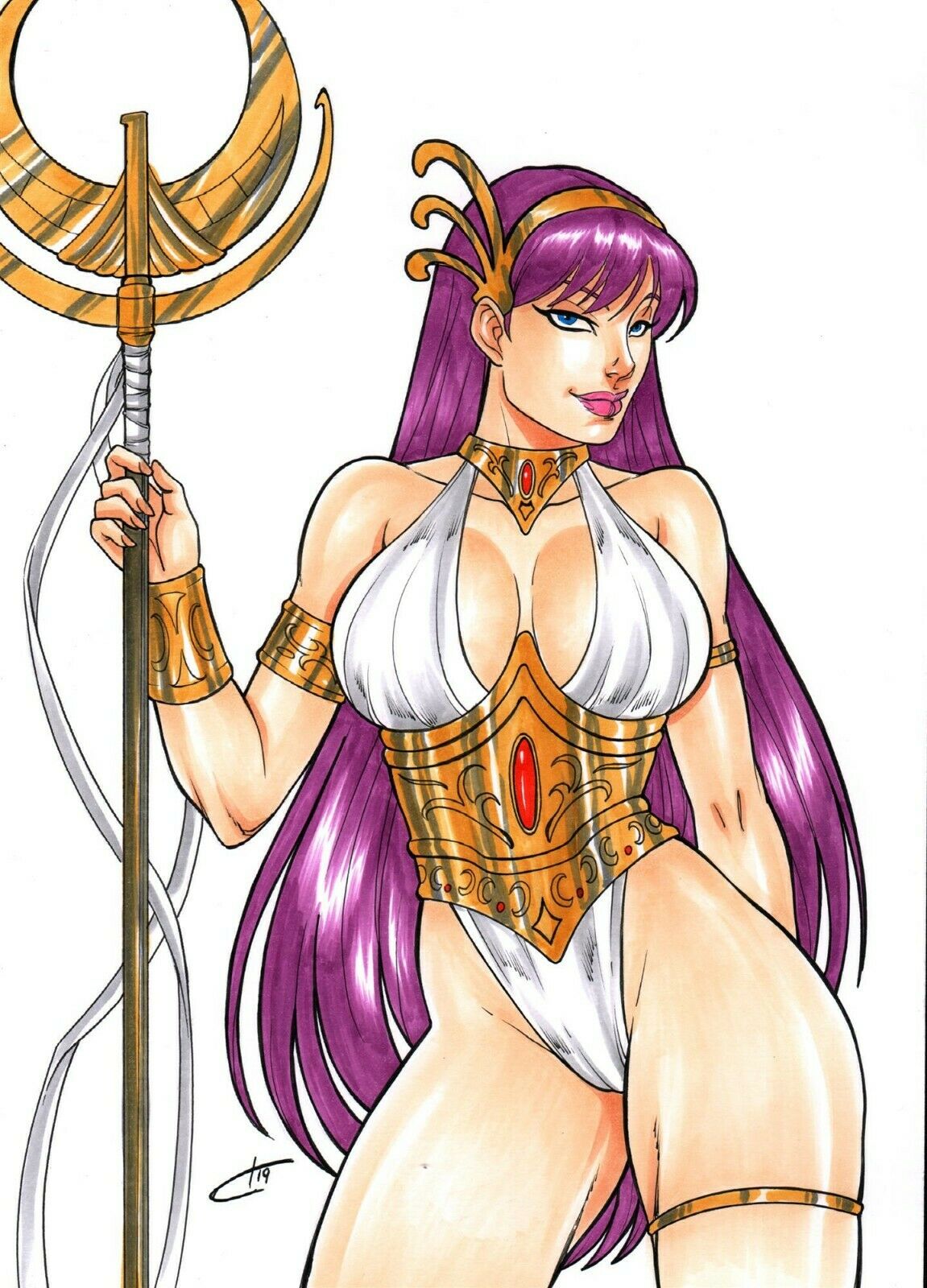 1girls 2019 armor athena_(saint_seiya) blue_eyes breasts carla_torres dated ed_benes_studio female female_only goddess gold_armor headpiece holding_staff holding_weapon human leotard long_hair pale-skinned_female pale_skin pink_lips pink_lipstick purple_hair reincarnation saint_seiya saori_kido scepter shounen_jump signature solo staff thick_thighs weapon white_clothing white_leotard wide_hips