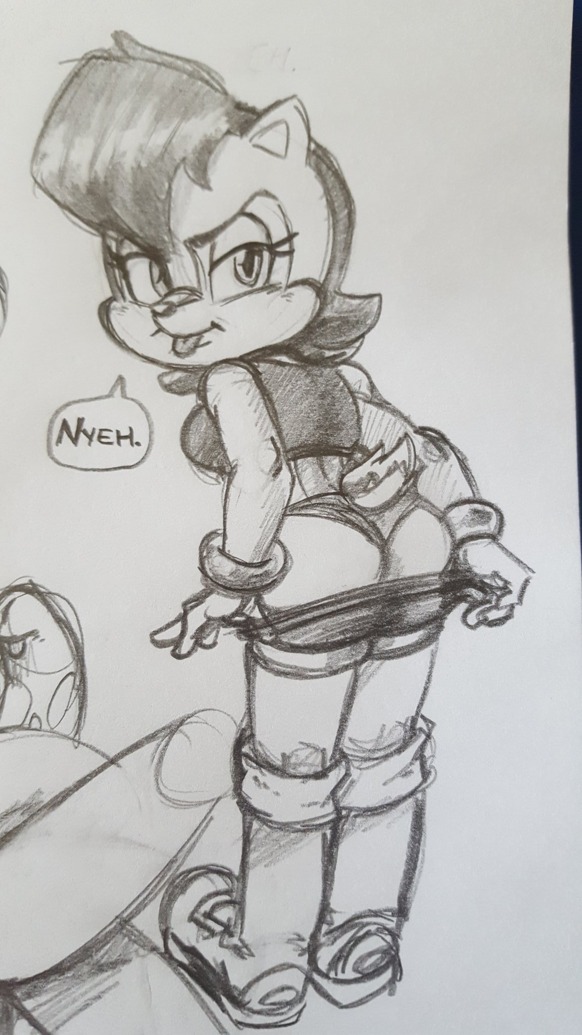 anthro archie_comics ass dialogue female furry mooning panties pants_down sally_acorn saltcore sega shorts shorts_down sonic_(series) thong tongue tongue_out traditional_media_(artwork)