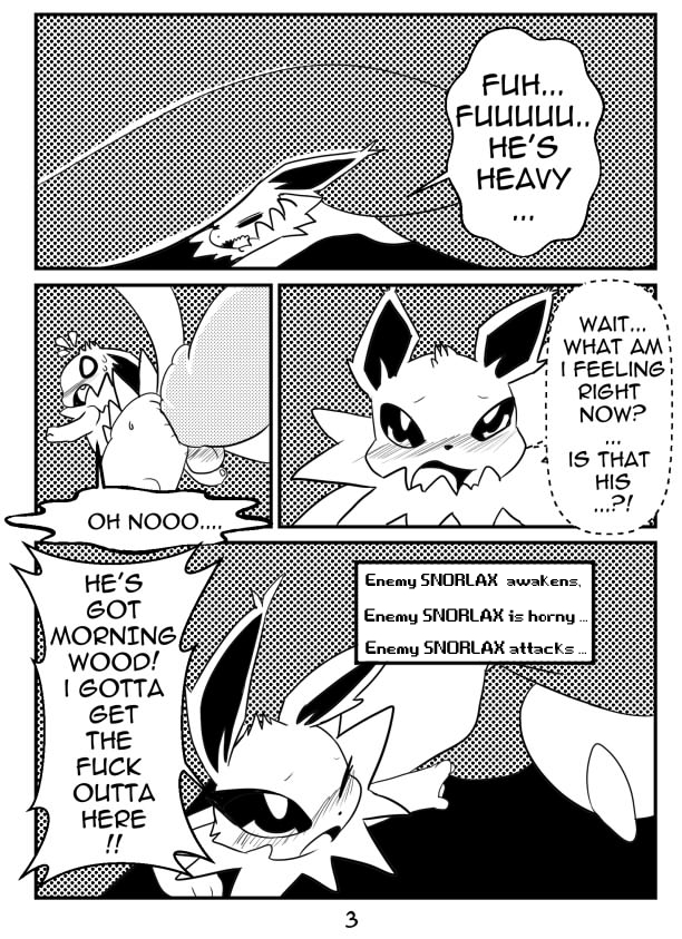 ass big_dom_small_sub blush eeveelution foreskin jolteon male monochrome nintendo original_character overweight penis pokémon_(species) pokemon pokemon_(species) pokemon_rgby profanity size_difference snorlax testicles text video_games white_crest