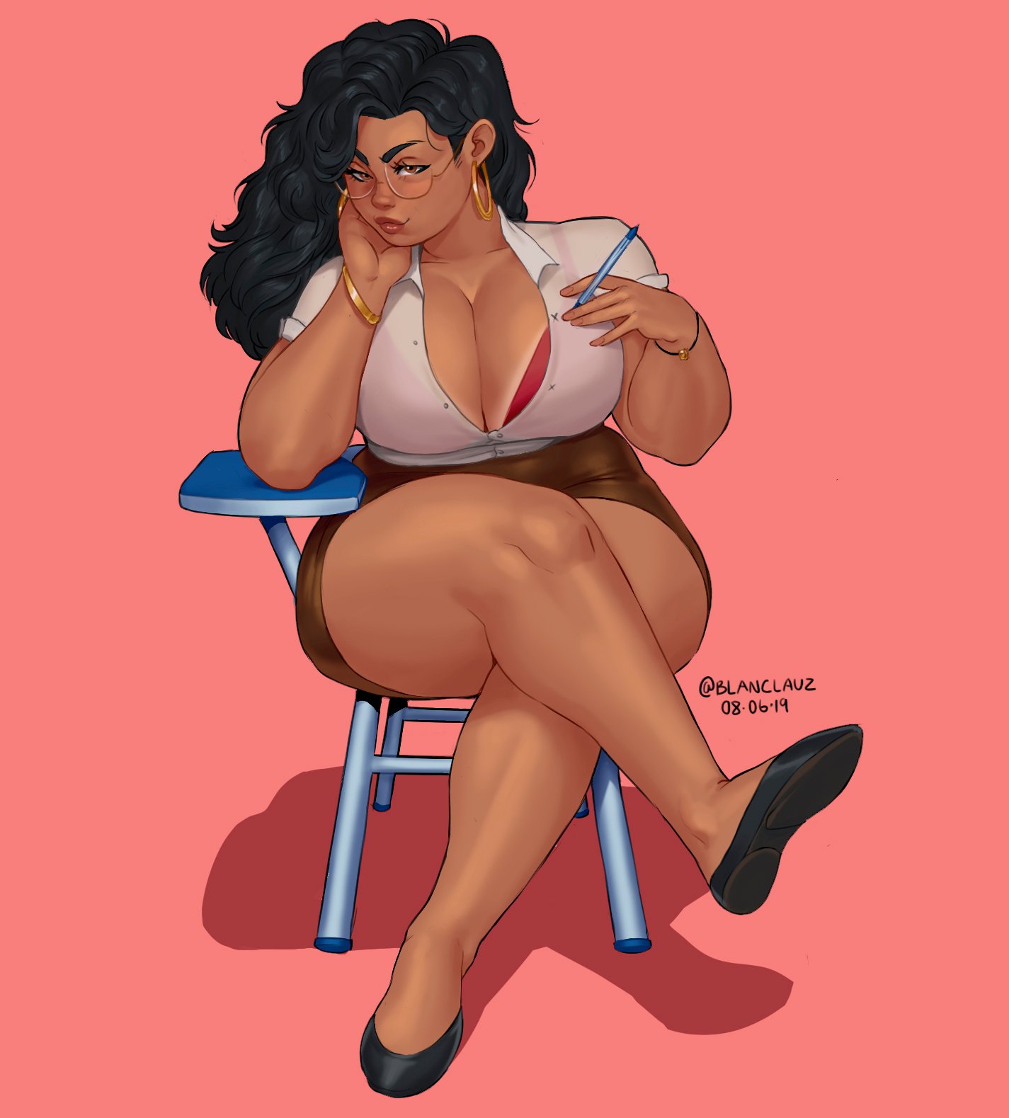 1girls, bbw teacher (blanclauz), black hair, blanclauz, bra peek, bra slip, bracelet, breasts, chubby, chubby female, come hither, crossed legs, curvy, dark skin, dark-skinned female, desk, earrings, female, glasses, hoop earrings, huge breasts, miniskirt, naughty face, original, pen, plump, pursed lips, sitting, smile, smirk, tanline, teacher, thick thighs, unbuttoned, voluptuous, wavy hair